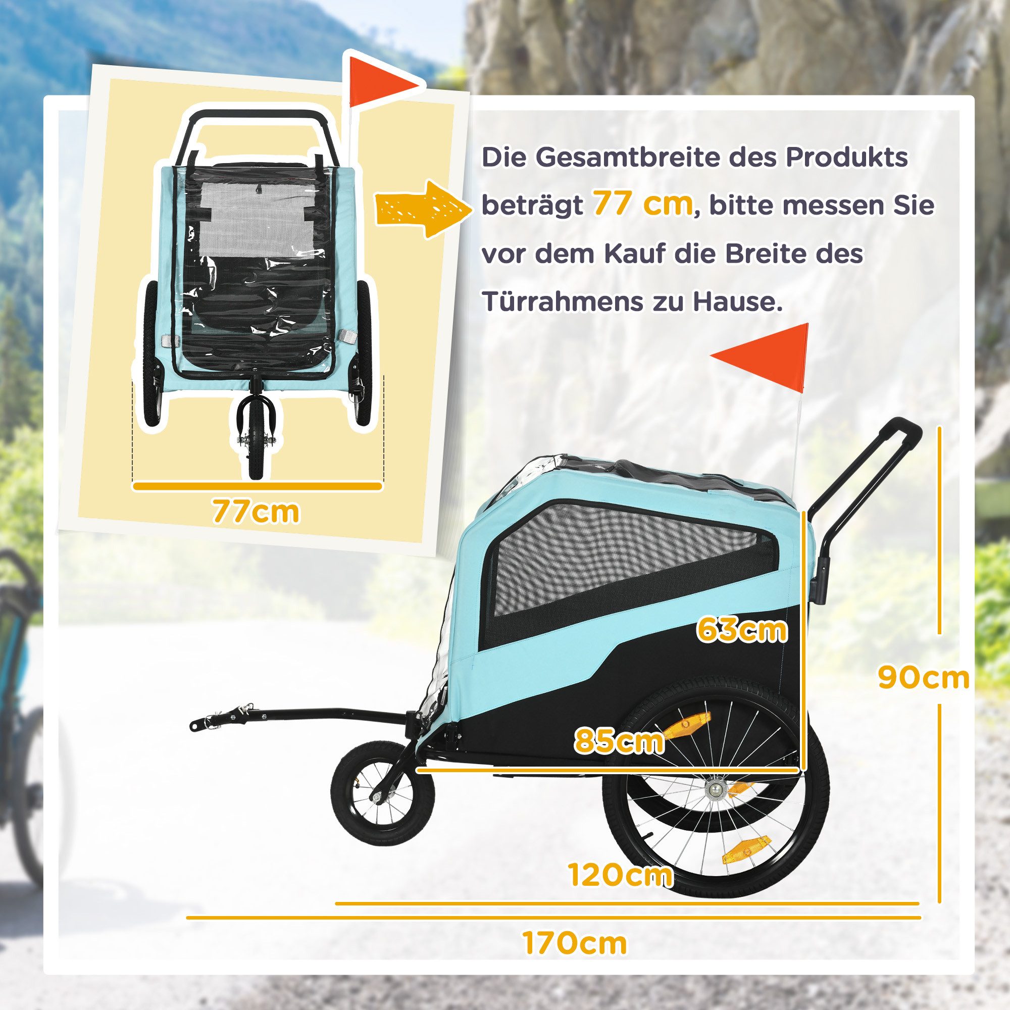 PawHut Fahrradhundeanhänger 2-in-1 Hundeanhänger, Hundewagen mit Reflektoren, max. 30 kg, Hundewagen mit Reflektoren