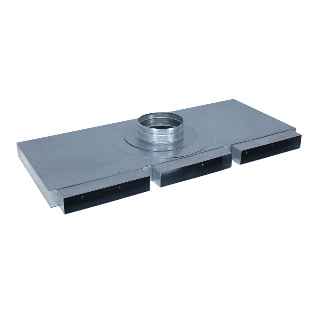 Subtiel Lüftungsschacht Flachkanal Verteiler 250 x 50 mm, drei Eingänge, ein Ausgang Ø 150 mm, 90x35x10 cm