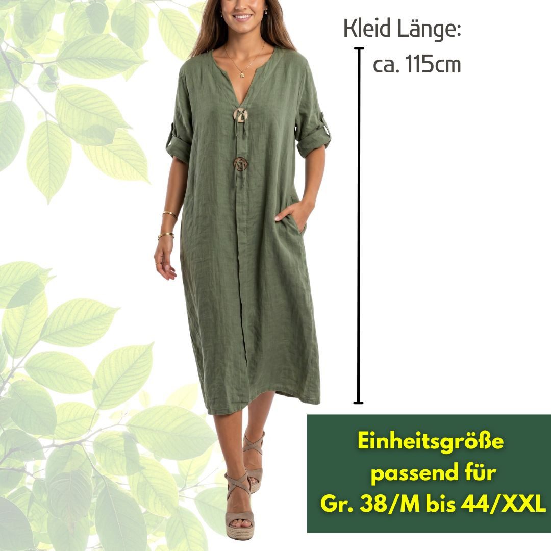 dy_mode Hemdblusenkleid Damen Leinenkleid Midi Hemdblusenkleid mit V-Ausschnitt Freizeitkleid in Unifarbe, V-Ausschnitt, mit seitlichen Eingriffstaschen – Bild 5 von 5