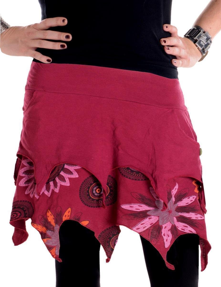Vishes Zipfelrock aus Minirock Ethno, Ethno bedruckt dunkelrot Goa, Baumwolle Blumen Style Lagenlook Hippie