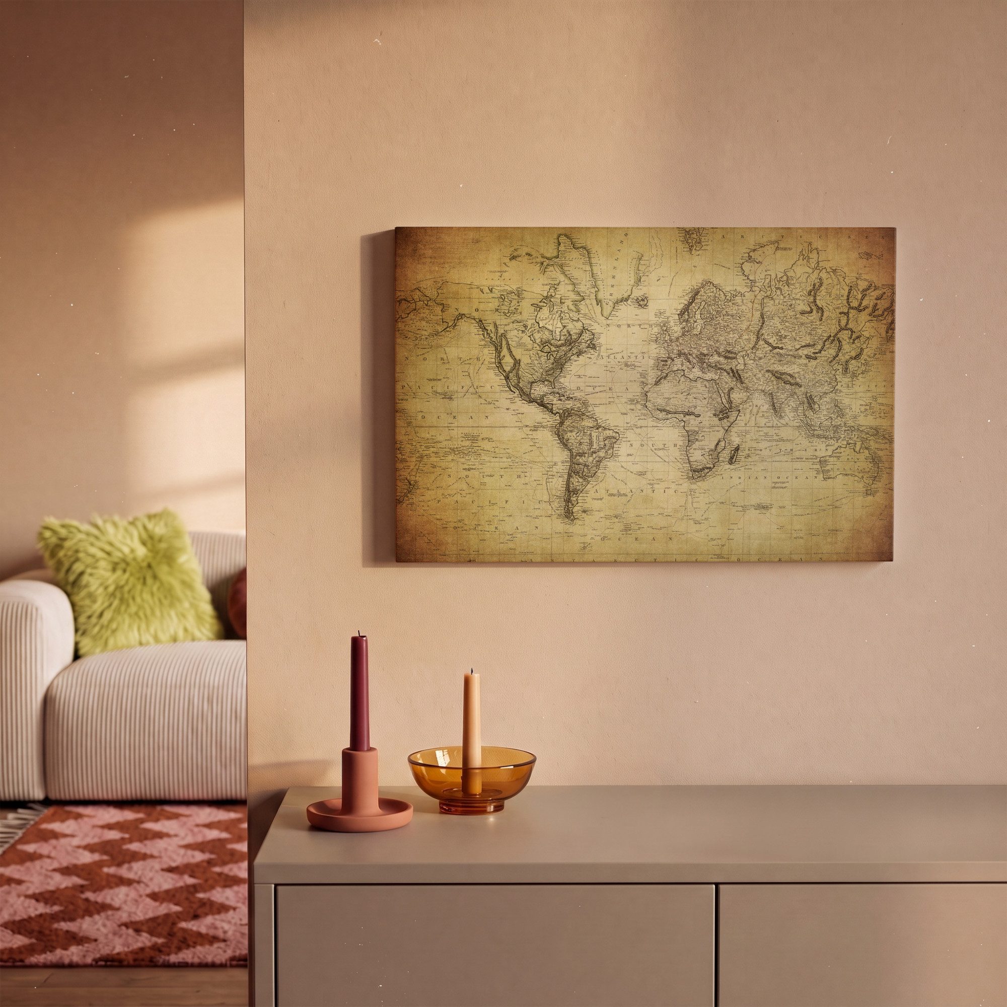 OneMillionCanvasses® Leinwandbild Weltkarte - Vintage - Antik - Braun - Papier, Fotodruck (1 St), Leinwand Bilder Klein, Wand Dekoration Aesthetic 30x20 cm – Bild 2 von 5
