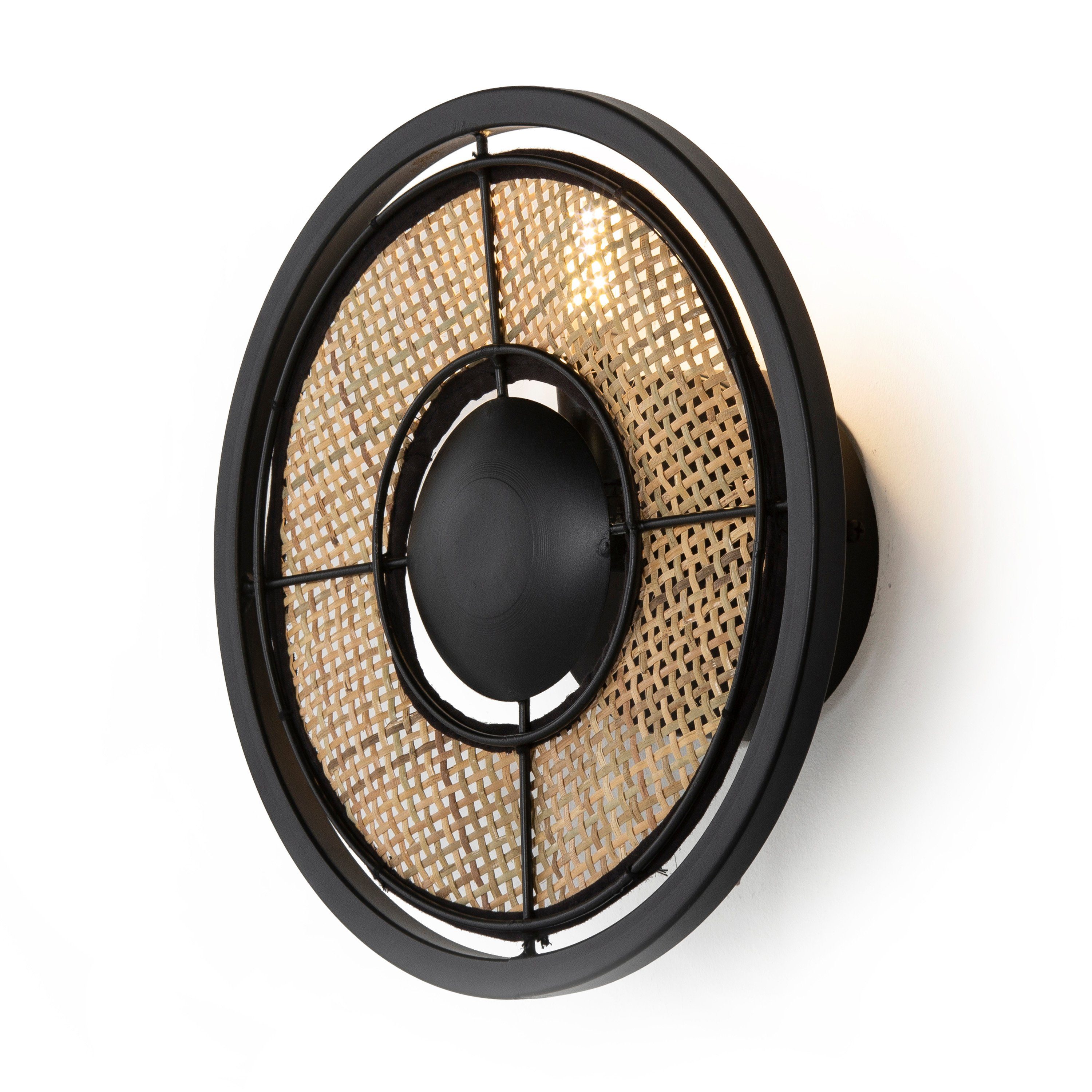 Cosy Home Ideas Wandleuchte Wandlampe Metall schwarz mit Rattan rund, ohne Leuchtmittel, warmweiß, Wandleuchte mit Geflecht