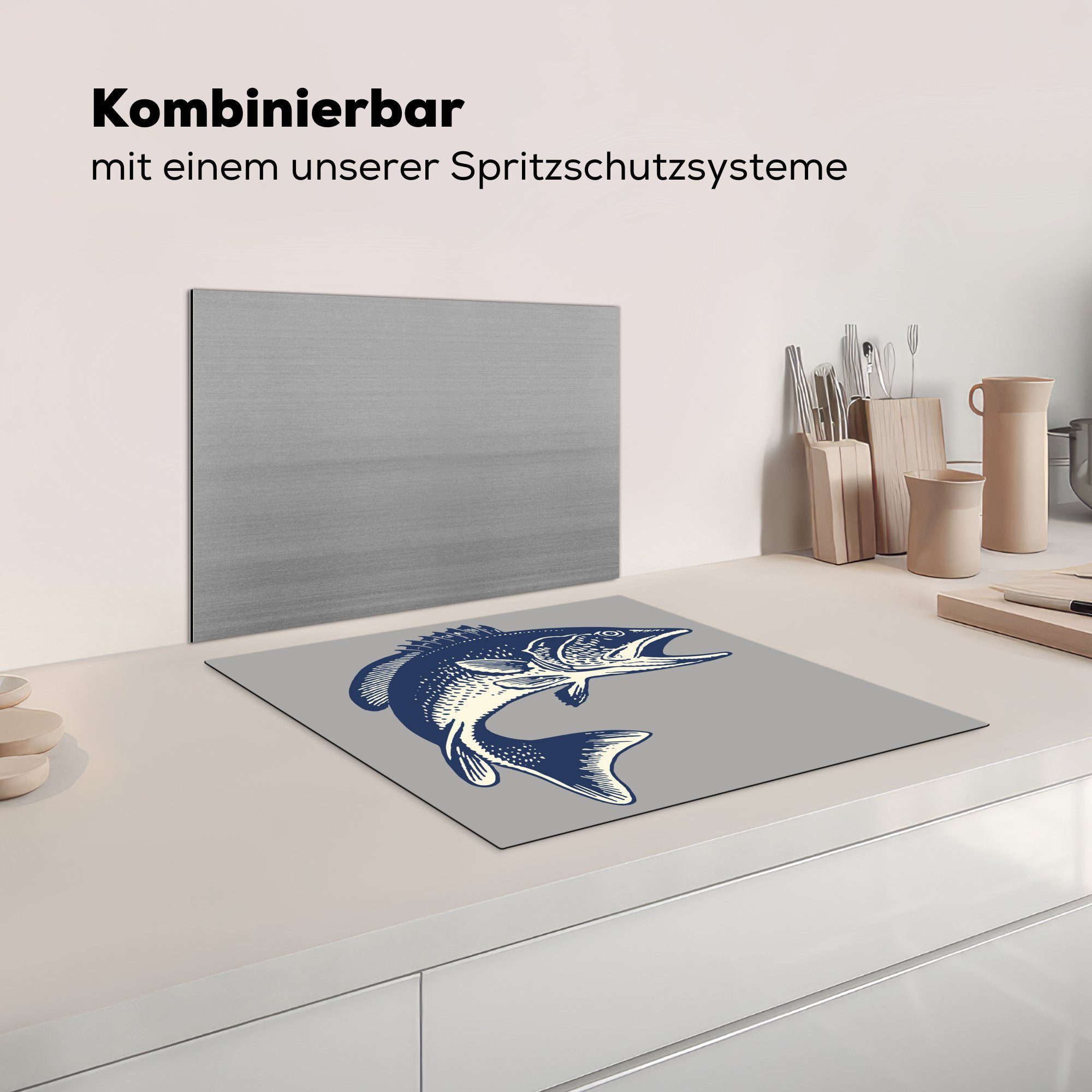 (1 Ceranfeldabdeckung Induktionskochfeld, 57x51 Induktionsschutz, Vinyl, Herdblende-/Abdeckplatte tlg), auf Fisches Illustration MuchoWow Hintergrund, grauem eines cm,