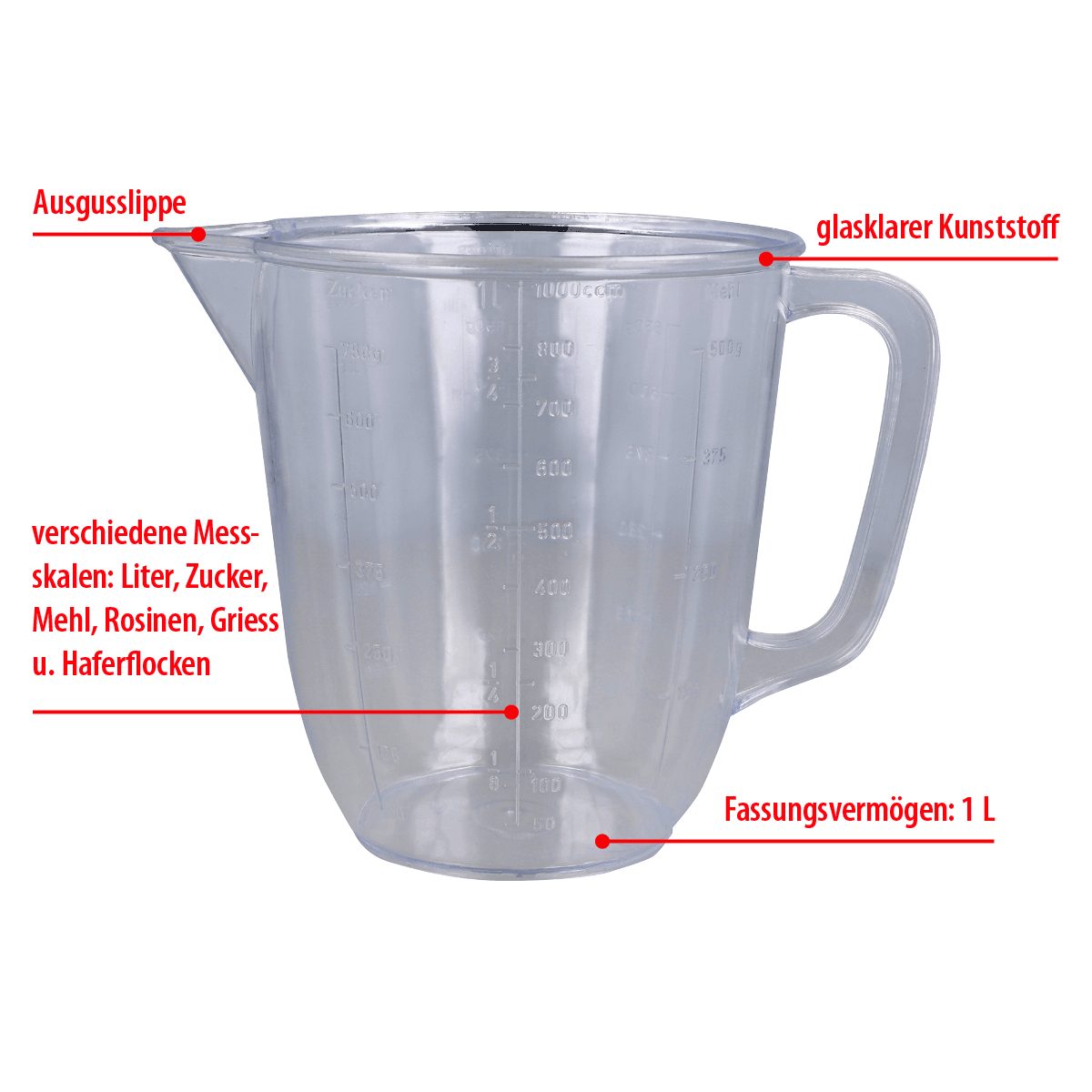 EUROHOME Messbecher Kunststoffmessbecher klar - Messkanne mit Skalierung - Messgefäß, Kunststoff, (1-St., Messbecher 1 l), Küchenmessbecher Backzubehör Küchenhelfer