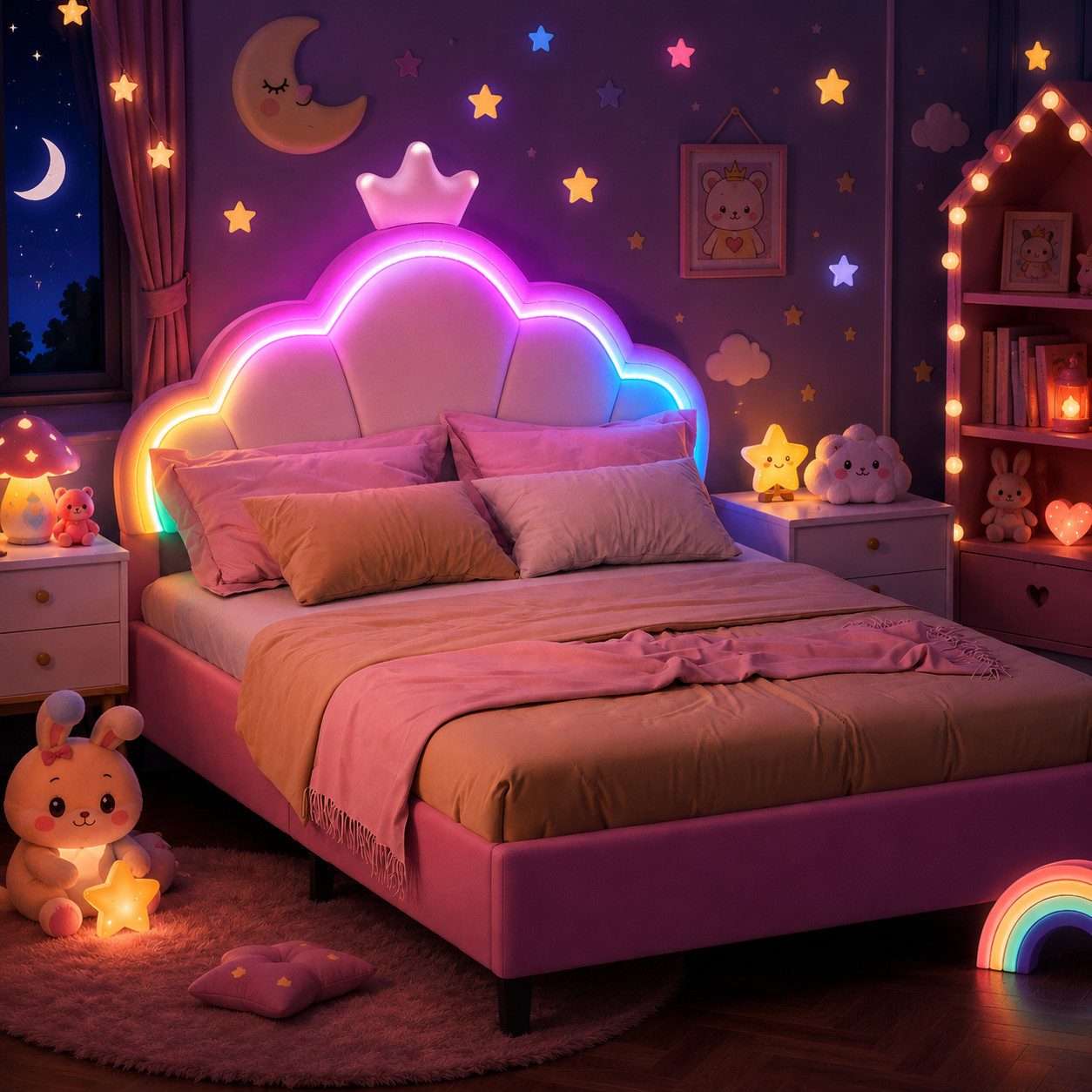 Simurq Kinderbett Mädchenbett 140x190 cm mit LED Verstellbares-Kopfteil in Kronenform (Einzelartikel, Jugendbett Gästebett für kinder/Erwachsenen,ohne Matratze), Prinzessin Bett, Polsterbett Bettgestell mit Lattenrost,Samt