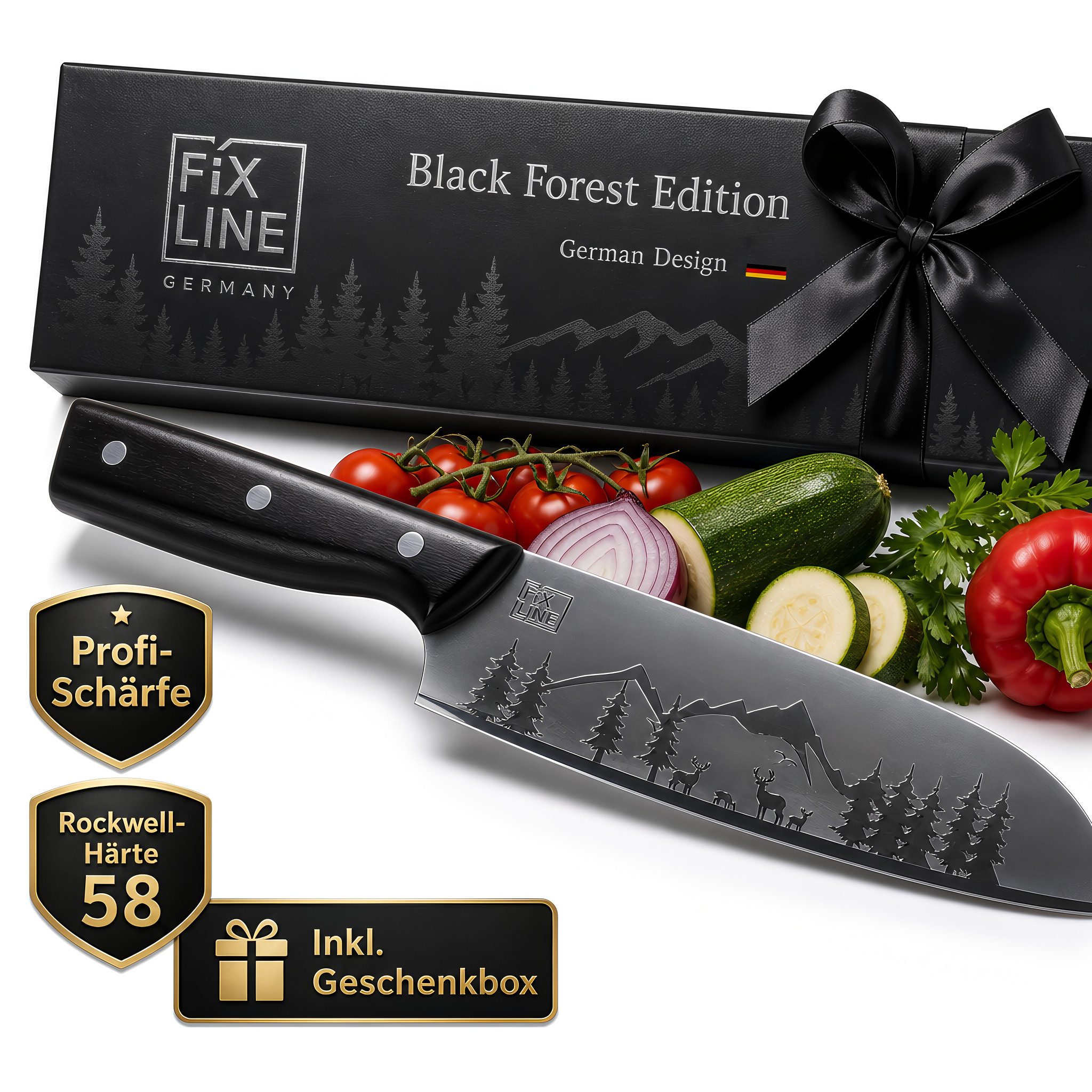 FIXLINE Gemüsemesser Santokumesser 18cm Black Forest Edition Profi-Küchenmesser, Perfekte Geschenkidee