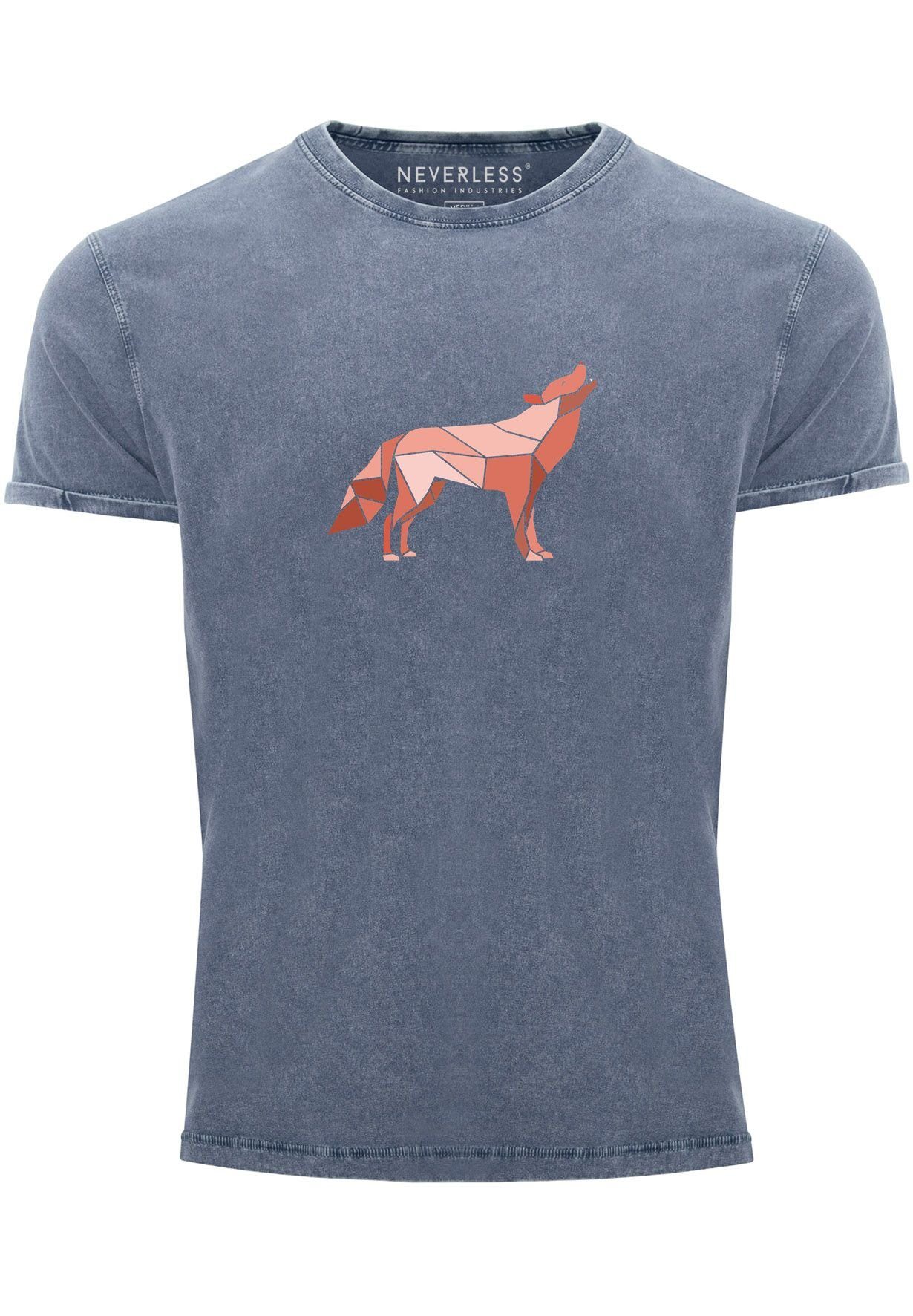 Neverless Print-Shirt Herren Vintage Shirt Outdoor Wil Aufdruck Print Polygon Geometrie mit Wolf Print blau