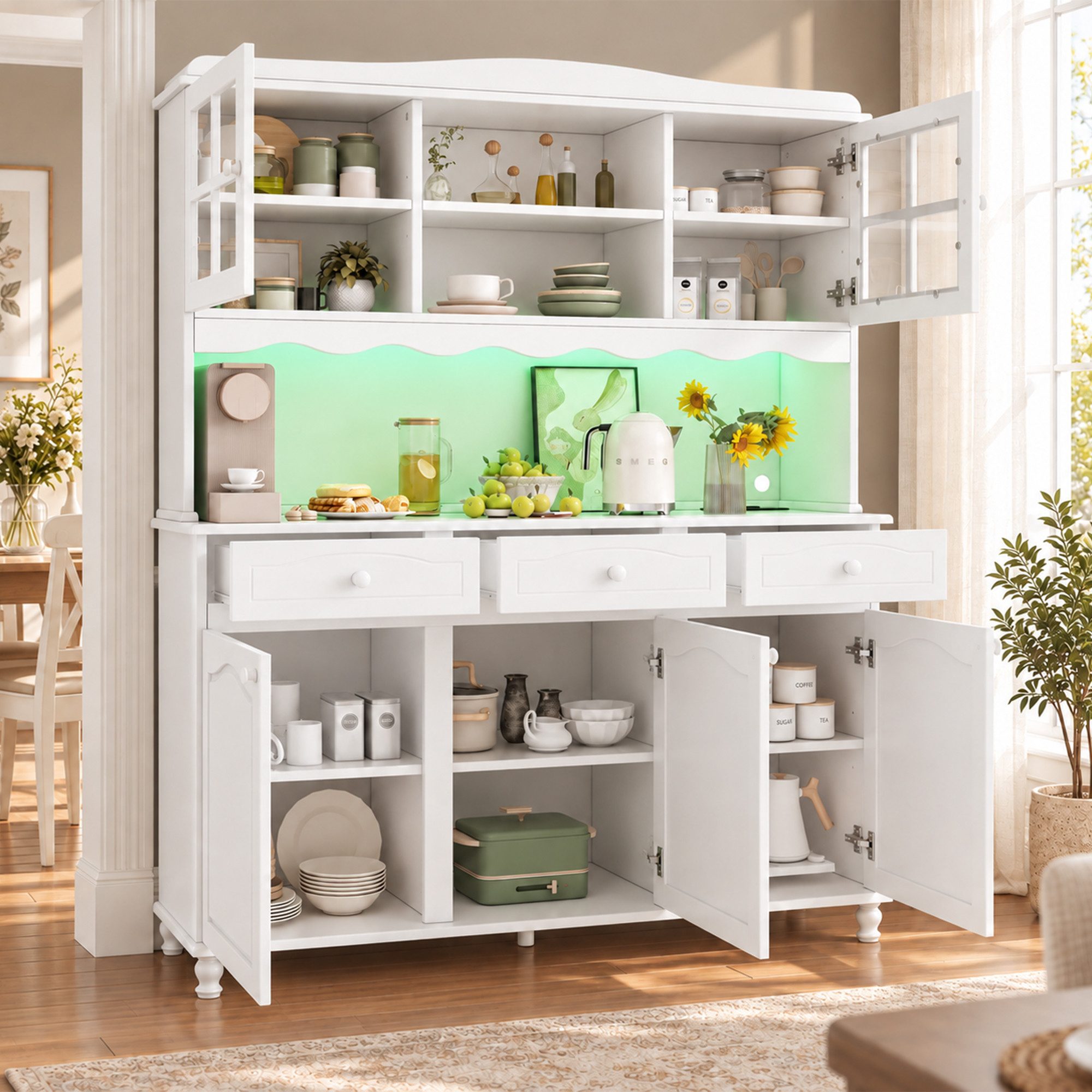 Flieks Küchenbuffet Hochschrank Glasvitrine mit Arbeitsplatte, Steckdosen, LED-Beleuchtung (B135/T40/H185 cm, 1-St., verstellbare Einlegeböden, Retro-Rohrfuß, L – Bild 3 von 5
