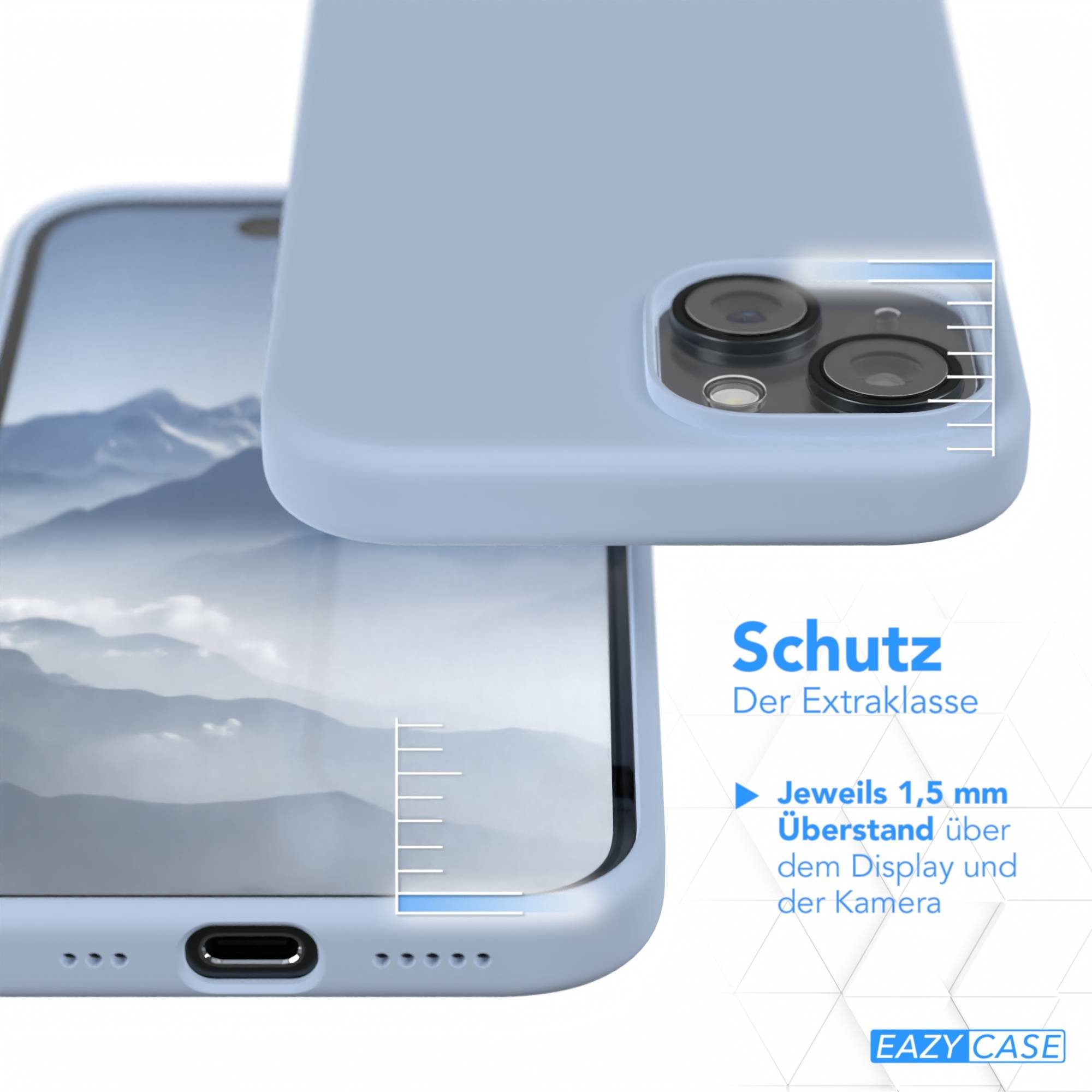 EAZY CASE Handyhülle Premium Silikon Case für Apple iPhone 15 6,1 Zoll, Slimcover mit Displayschutz Hülle Bumper Case kratzfest Etui Hellblau