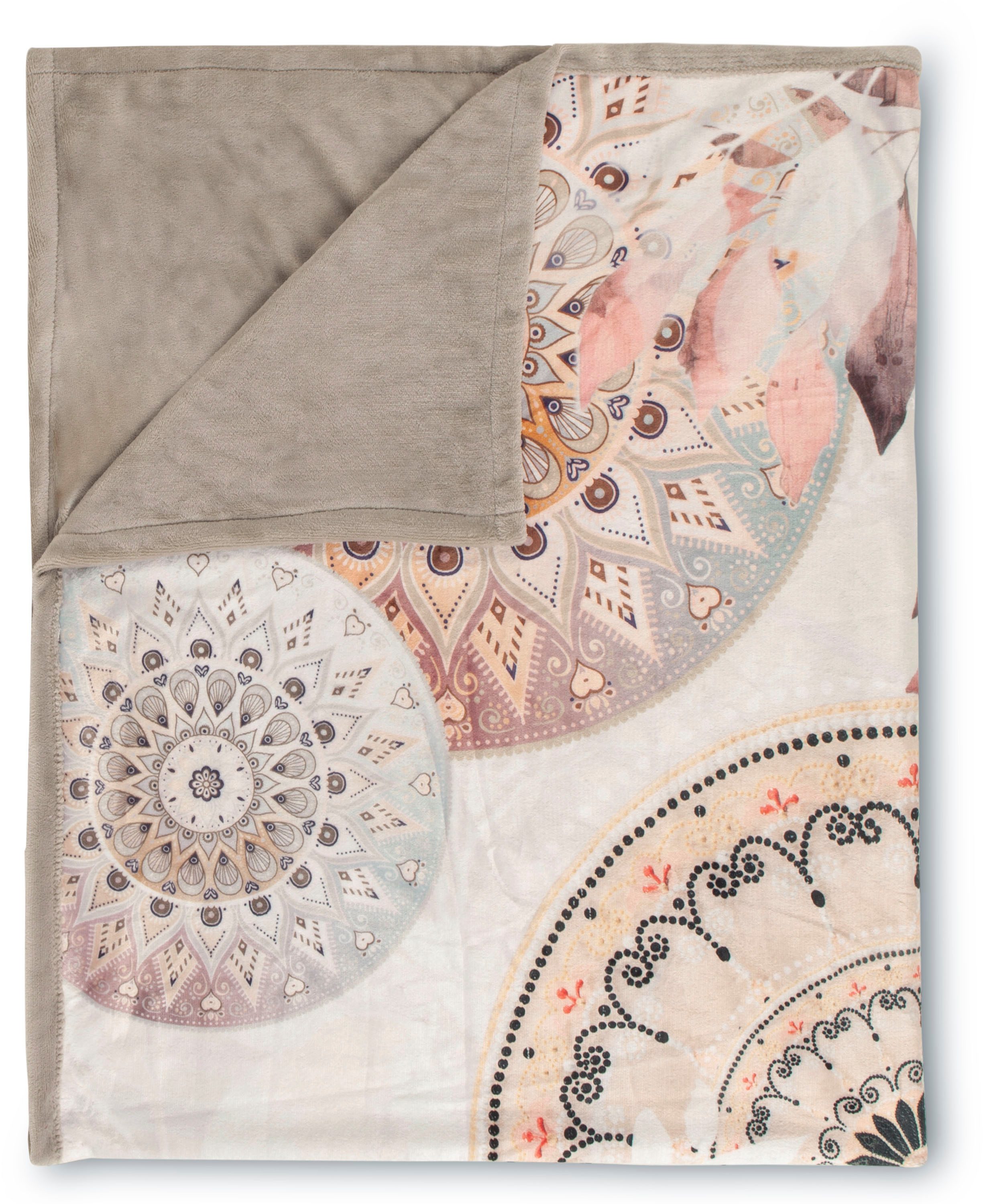 Plaid Afina, hip, Weich, Kuscheldecke, 130x160 cm, Wendeoptik, Mandala, Simple, Grau