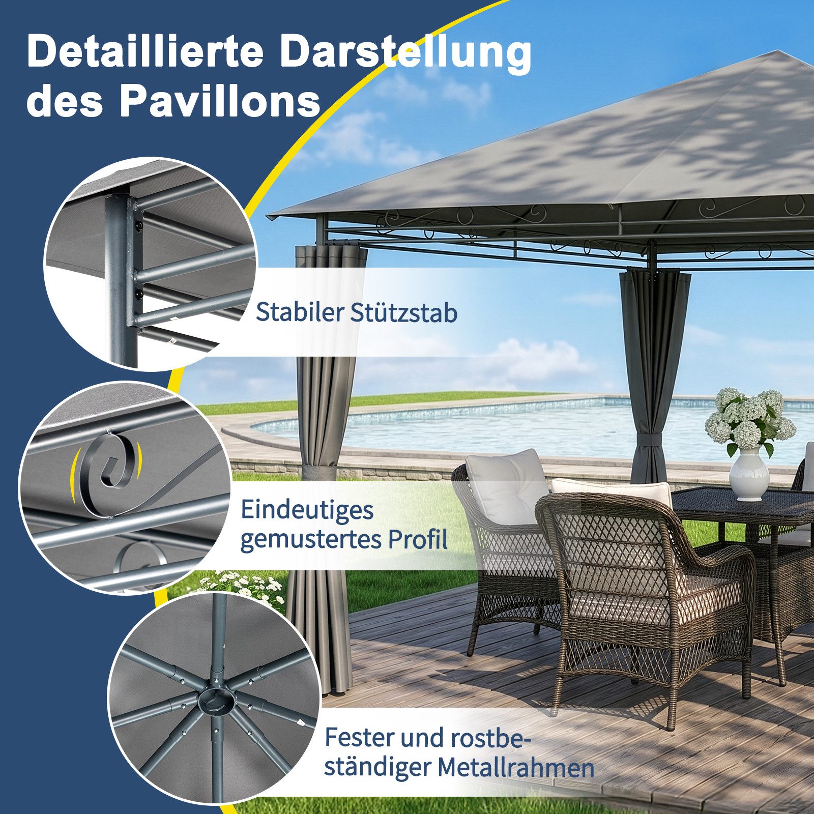 LALAHO Pavillon Gartenpavillon 3x3m mit Vorhängen, wetterfest & UV-beständig, mit 4 Seitenteilen, Terrassenpavillon Partypavillon für Party Grillabend Terrasse – Bild 5 von 5
