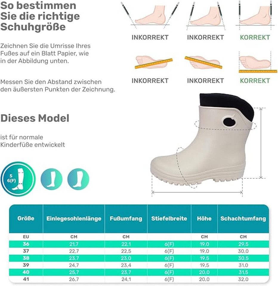 Fortmen Federleichte EVA Gefütterte halbhohe Gummistiefel Damen Thermo 36-41 Gummistiefel wasserdicht