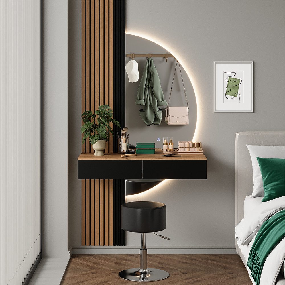 Vicco Schminktisch Melina, Eiche/Schwarz, 100 cm mit LED-Spiegel und Hocker (3-St)