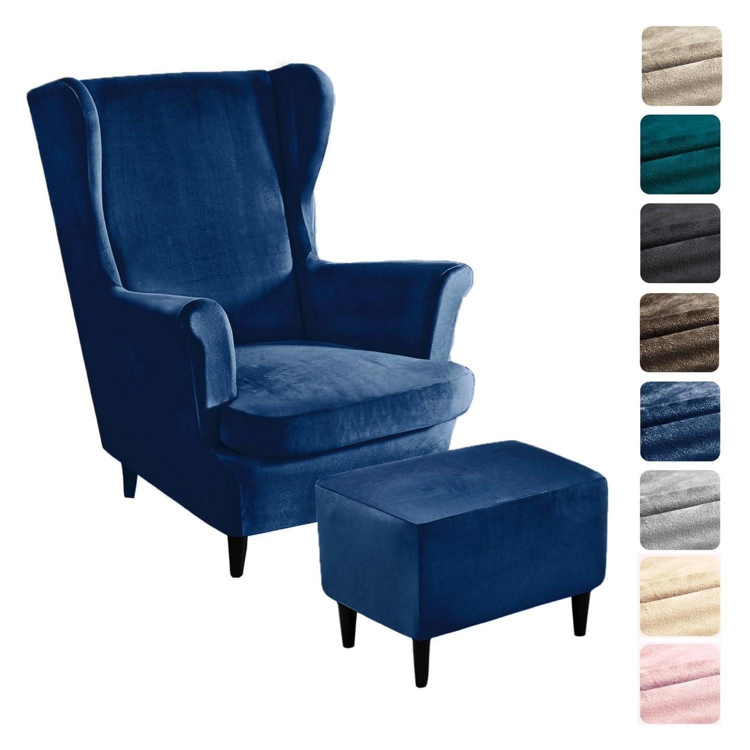 LuxusKollektion Hussen-Set Ohrensessel Überzug Ottomane Stretch Samt Armlehne Marineblau 3 Teilig