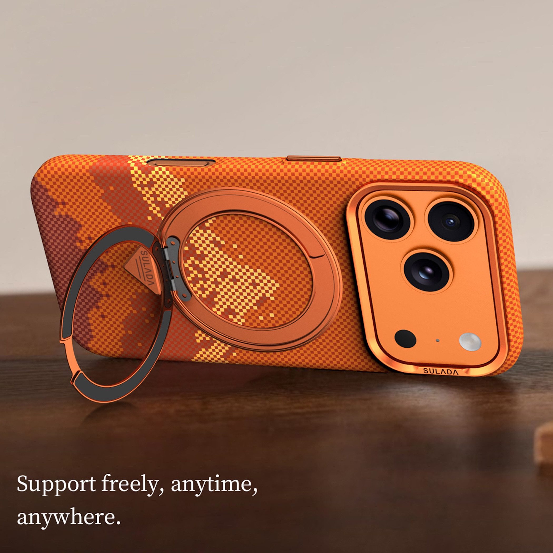 Wigento Handyhülle MagSafe Drehkippständer Muster für Apple iPhone 17 Pro Orange 6,27 Zoll, Magnetisch, Durchsichtig, Stoßfest