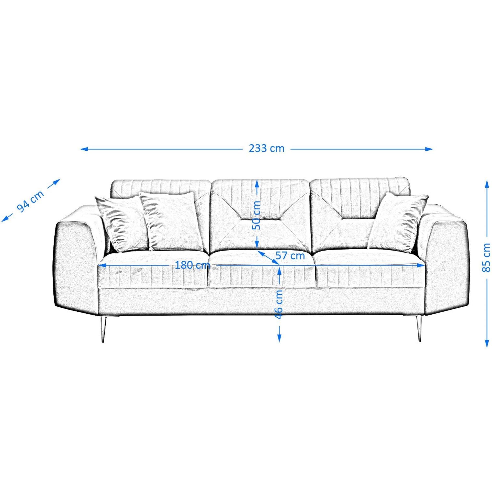 (bluvel 03) VENEZIA, im 3-Sitzer Dreisitzer Hellgrau Polstersofa Design, Velours Beautysofa Sofa aus Metallbeine, modernes mit