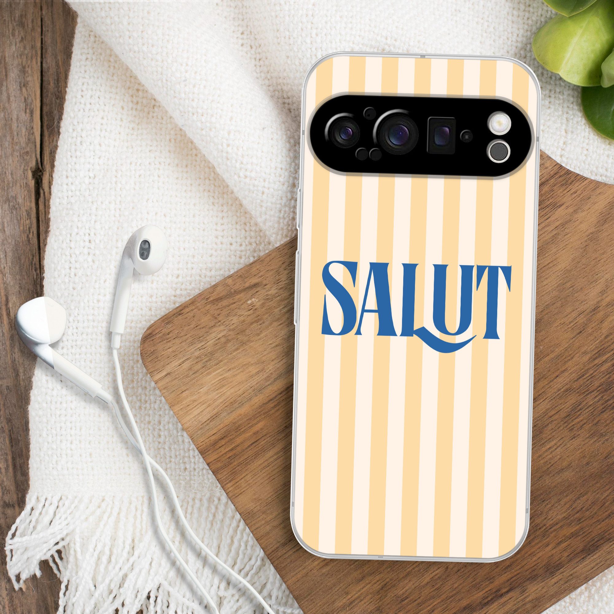MuchoWow Handyhülle für Google Pixel 9 Pro Salut - Zitat - Streifen - Gelb - Blau - Weiß, Phone Case, Silikon, Schutzhülle Dünn