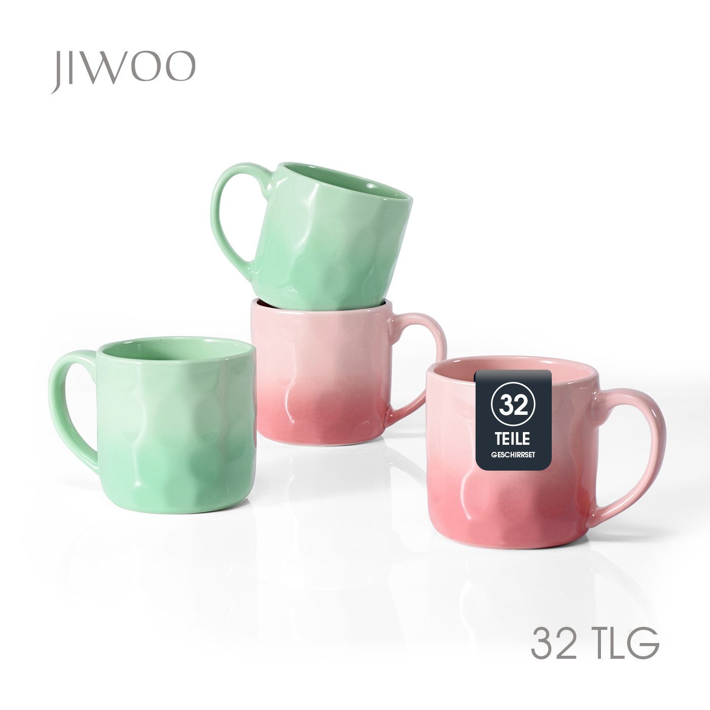 JIWOO Tasse 4er 320ml, Kaffeebecher Skandinavische Geschirr set Becher Teebecher, 32-tlg., Keramik, Keramiktassen Handgefertigt Kafeeservice Mikrowellen spülmaschinenfest
