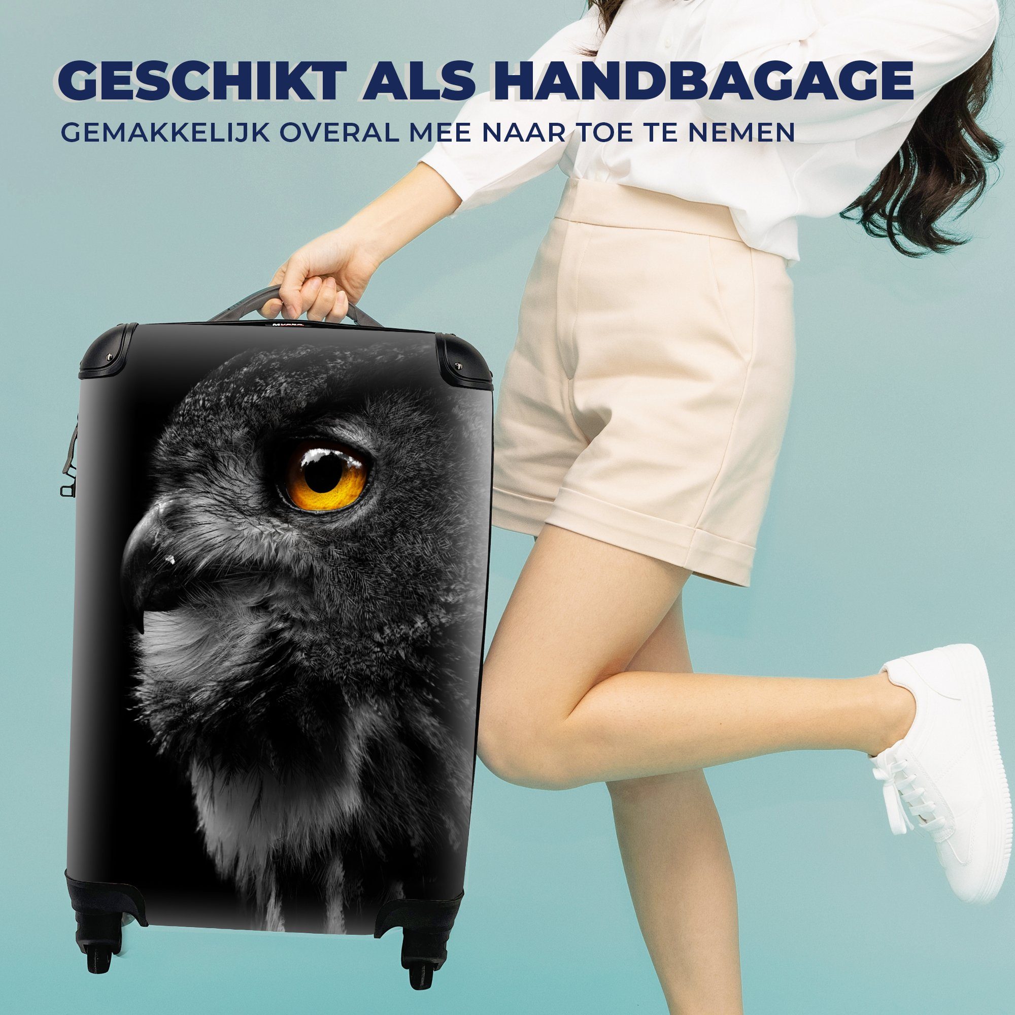 - Trolley, Reisetasche Ferien, MuchoWow Handgepäck Handgepäckkoffer für Rollen, Reisekoffer rollen, Schwarz Vogel 4 - Eule mit Porträt, -