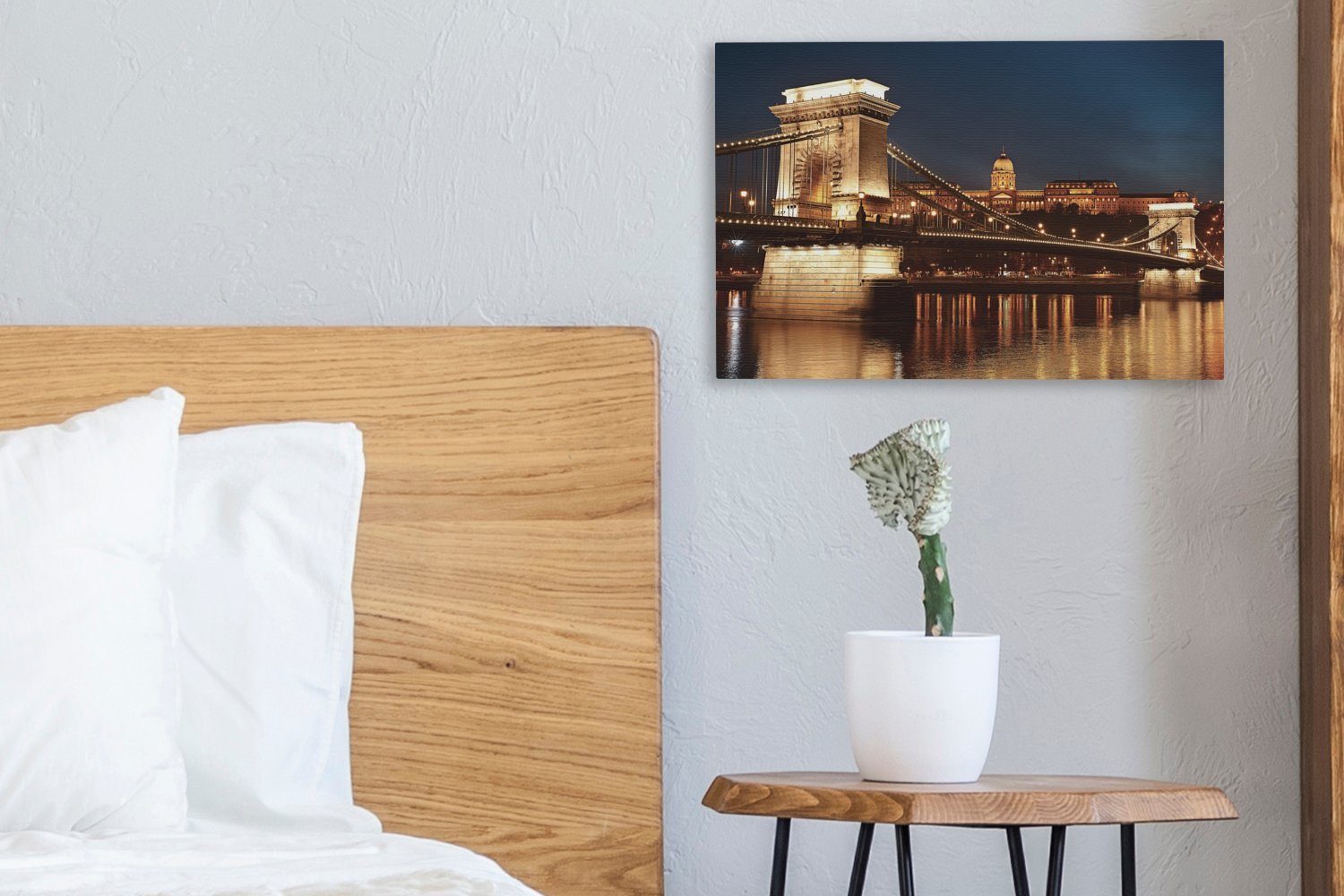 St), - Budapest cm OneMillionCanvasses® - Leinwandbild Leinwandbilder, 30x20 Wanddeko, Kettenbrücke (1 Aufhängefertig, Wandbild Licht,