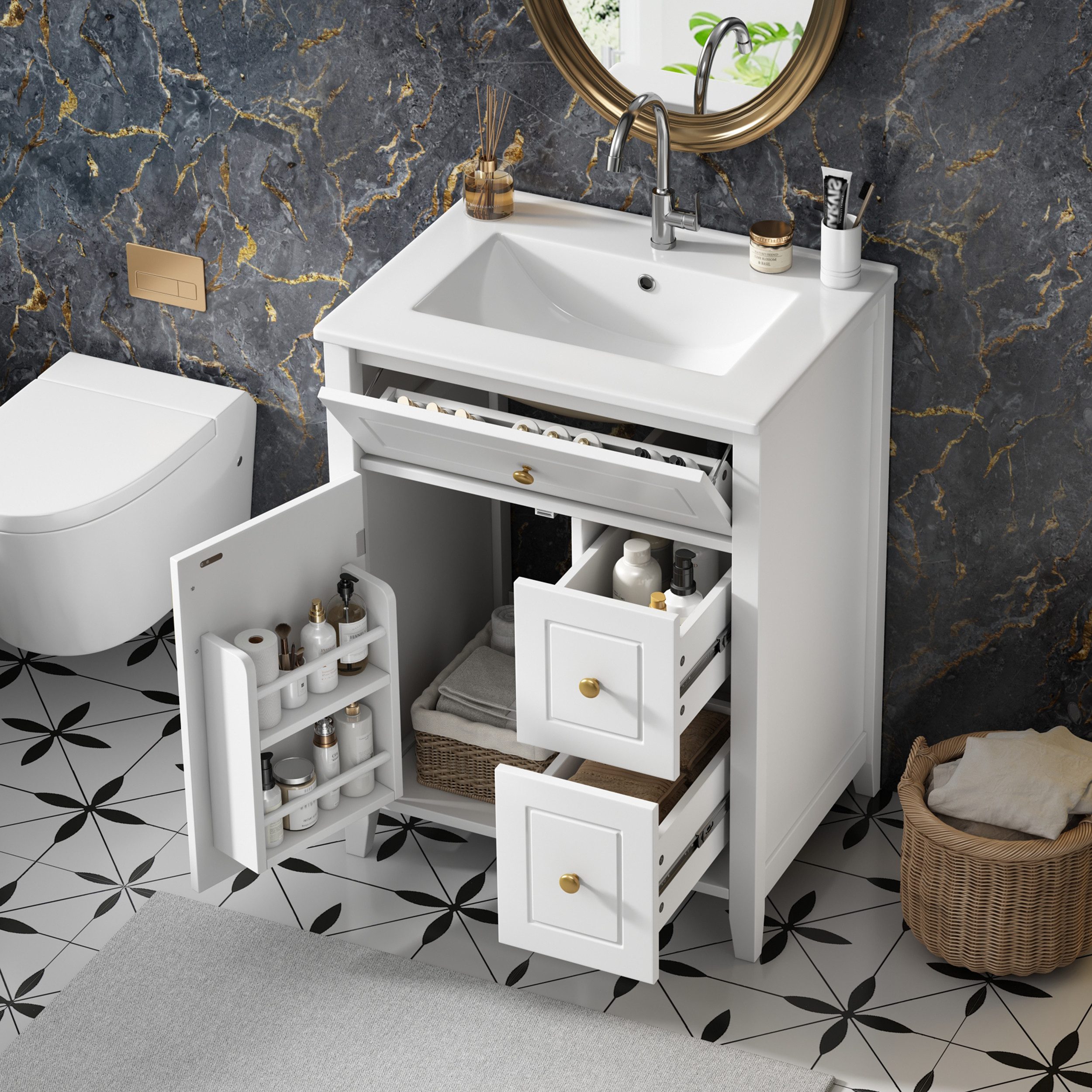 Flieks Waschtisch bodenstehender Waschbeckenunterschrank inkl. Keramik-Waschbecken (B61/T47/H87 cm, 1-St), Badezimmerschrank mit Soft-Close-Funktion Badmöbel We – Bild 3 von 5