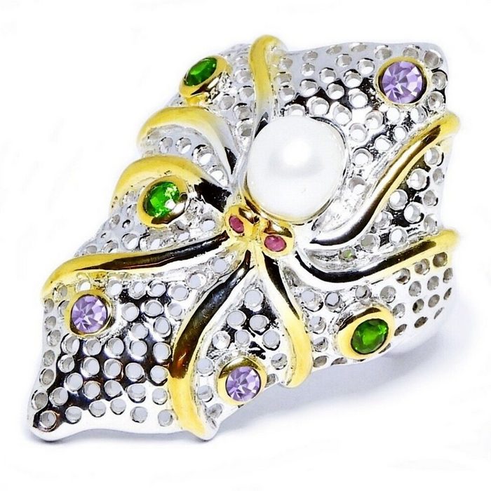 Goldene Hufeisen Silberring Rubin Amethyst Perle Chromdiopsid Ring aus 925 Sterlingsilber Damen echte Edelsteine Einzelstück Handarbeit