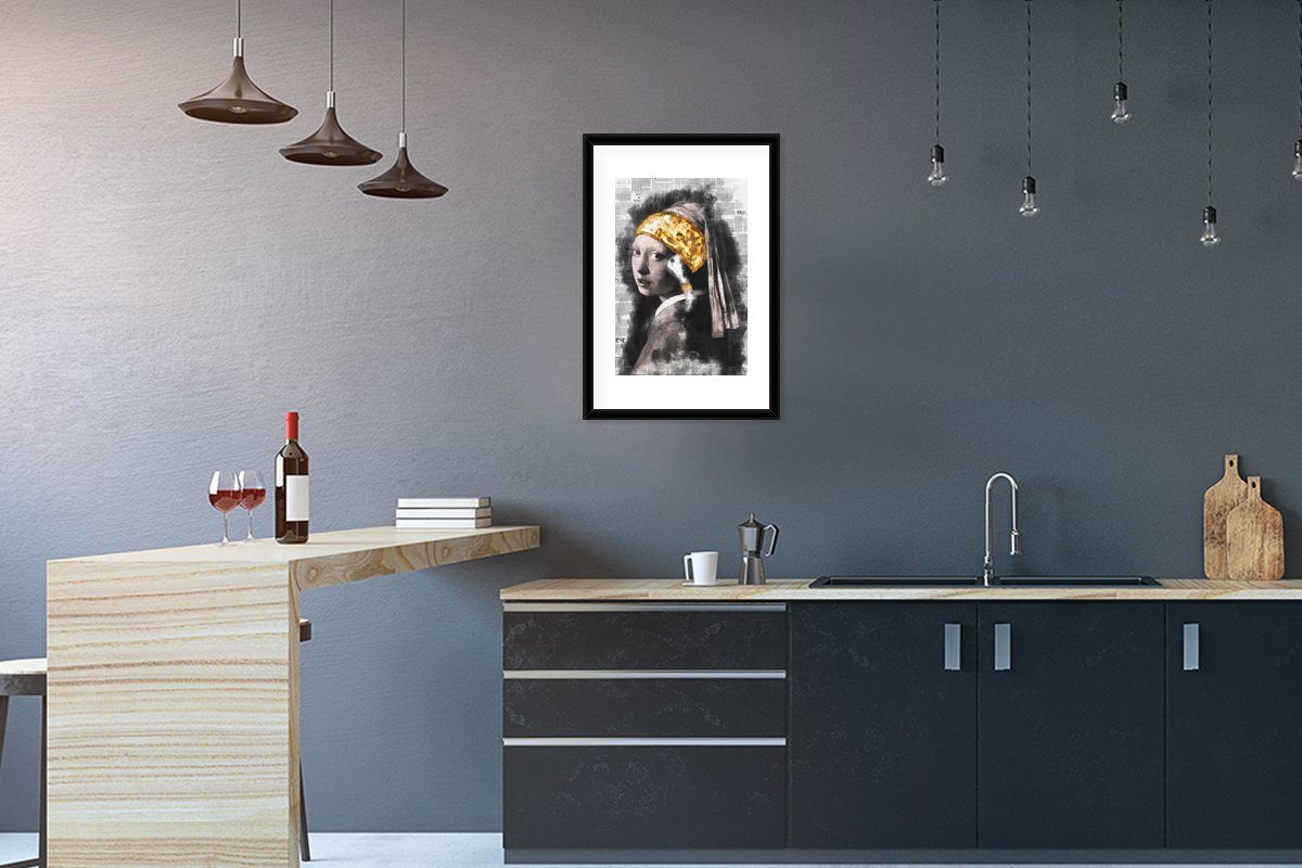 MuchoWow Poster Mädchen mit Perlenohrring - Johannes Vermeer - Zeitungsartikel - Gold, (1 St), mit Rahmen, Kunstdruck, Gerahmtes Poster, Schwarzem Bilderrahmen
