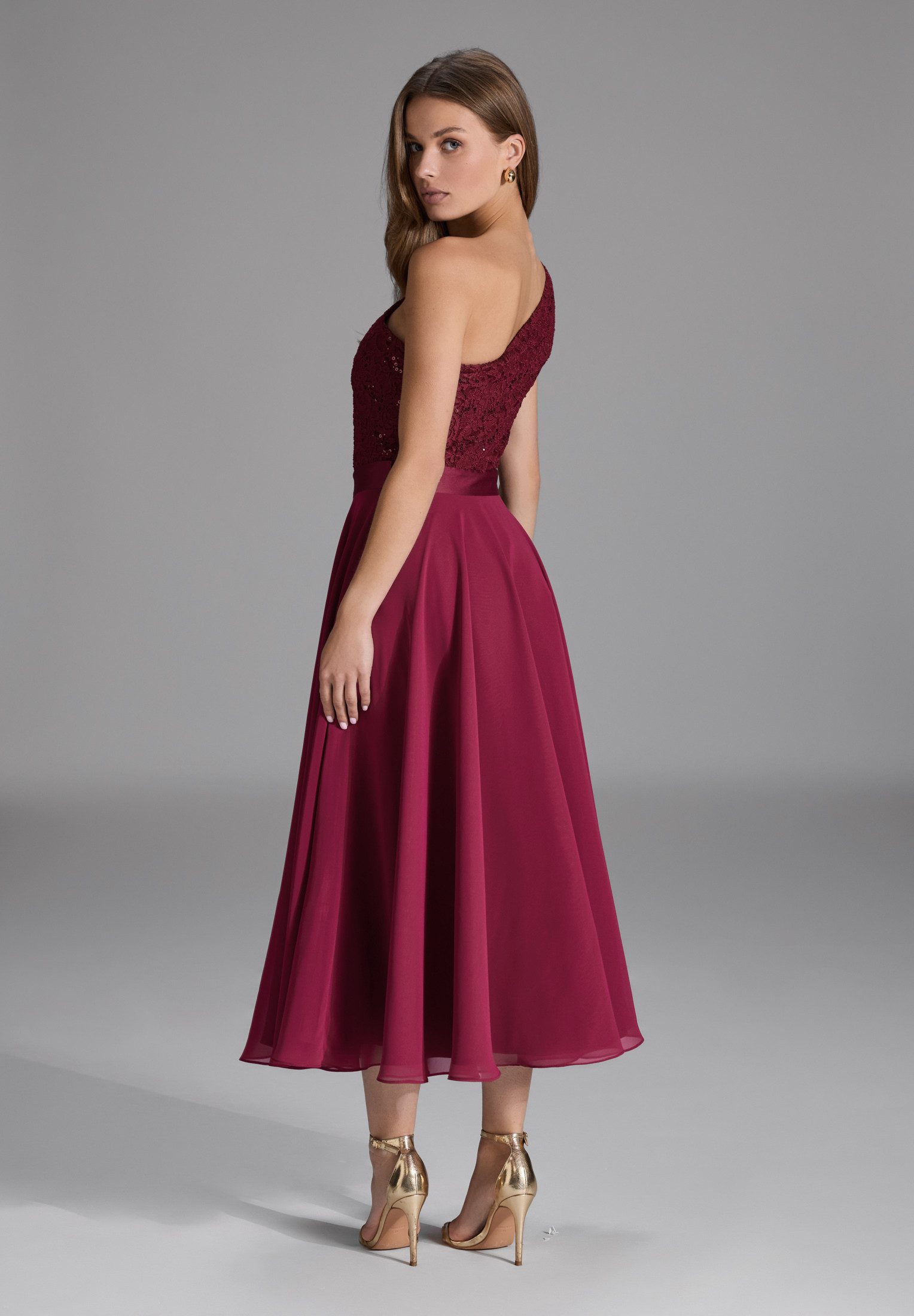 SWING Cocktailkleid - One Shoulder Midi Kleid aus Material Mix Taillierte P günstig online kaufen