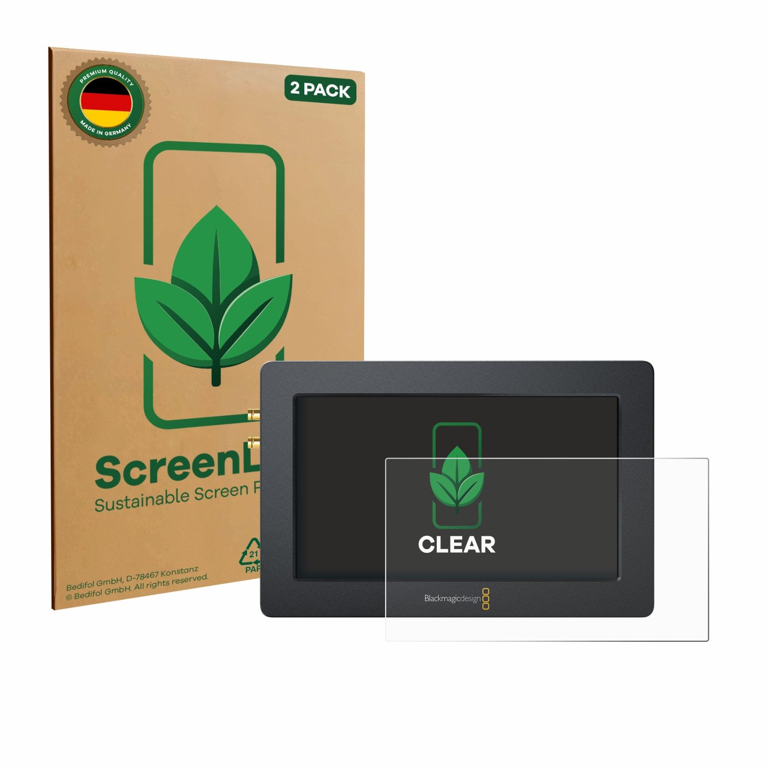ScreenLeaf Displayschutzfolie Schutzfolie für Blackmagic Design Video Assist (5.0), 2 Stück, nachhaltiger Displayschutz Schutz Folie Klar Transparent