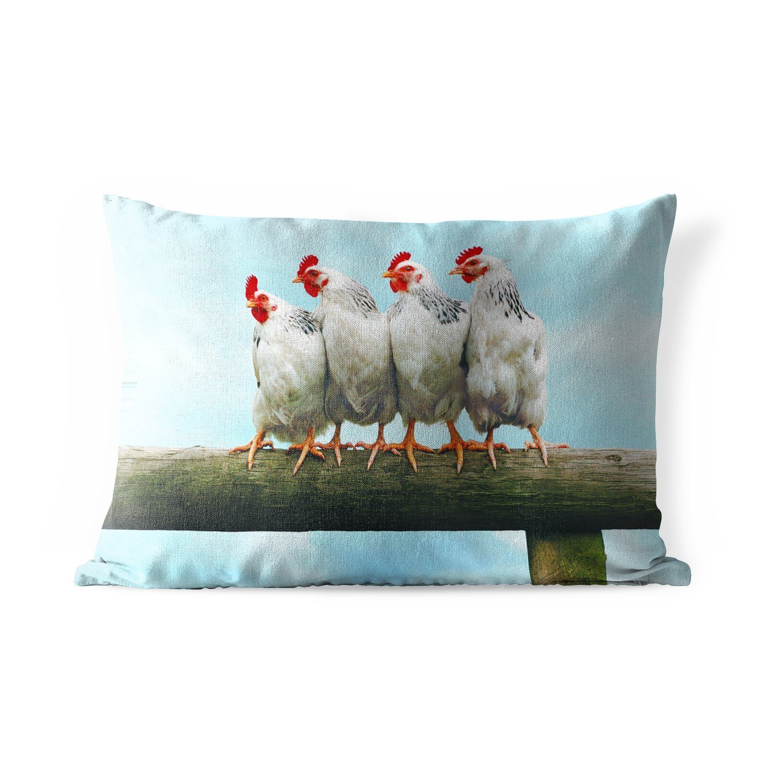 Hühner Vier Dekokissen MuchoWow Polyester, auf einem Kissenhülle Dekokissenbezug, Outdoor-Dekorationskissen, Stock,