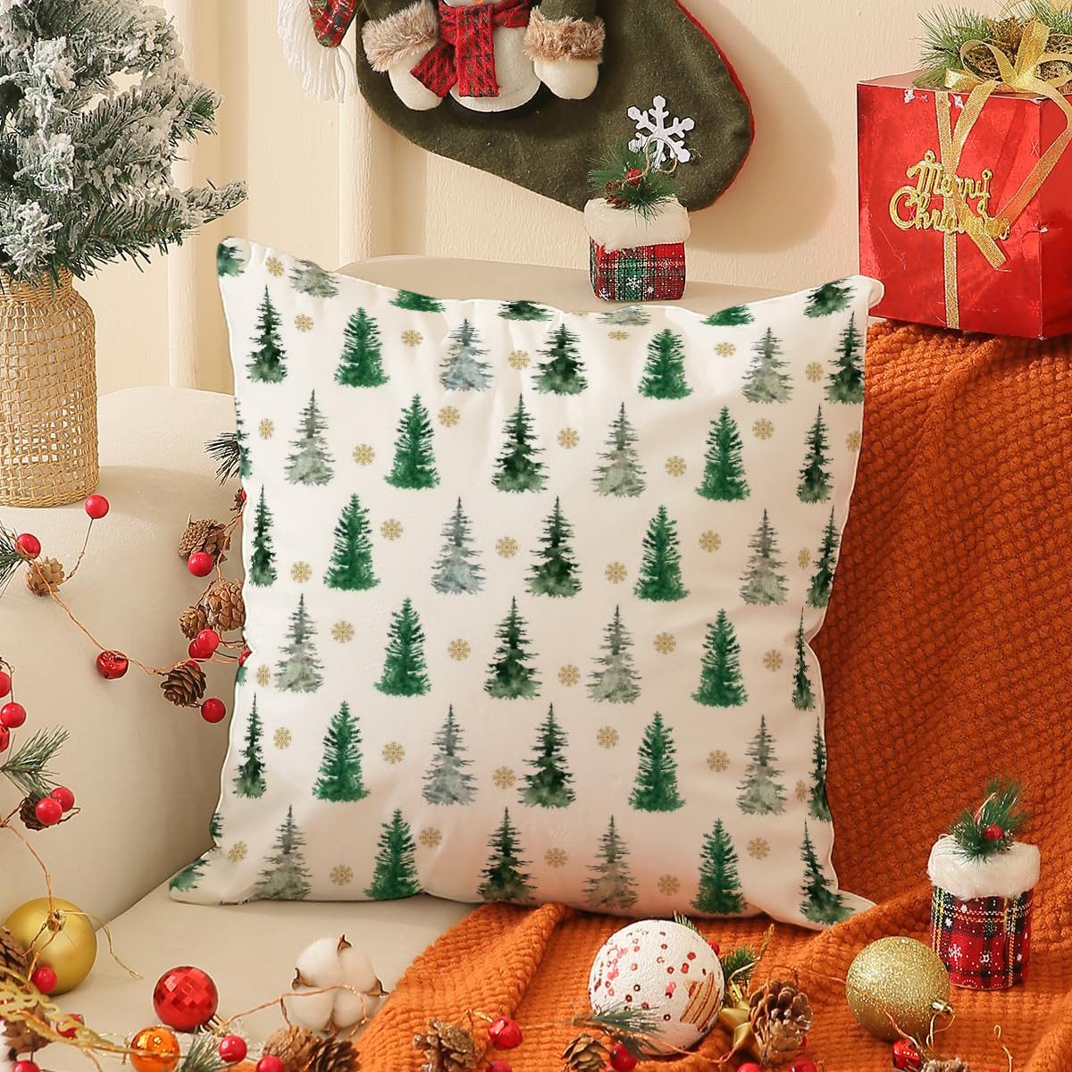 Coonoor Kissenbezug 4er Set Weihnachtskissenbezüge, Weihnachtsbaum und Schneeflocken Kissenbezüge