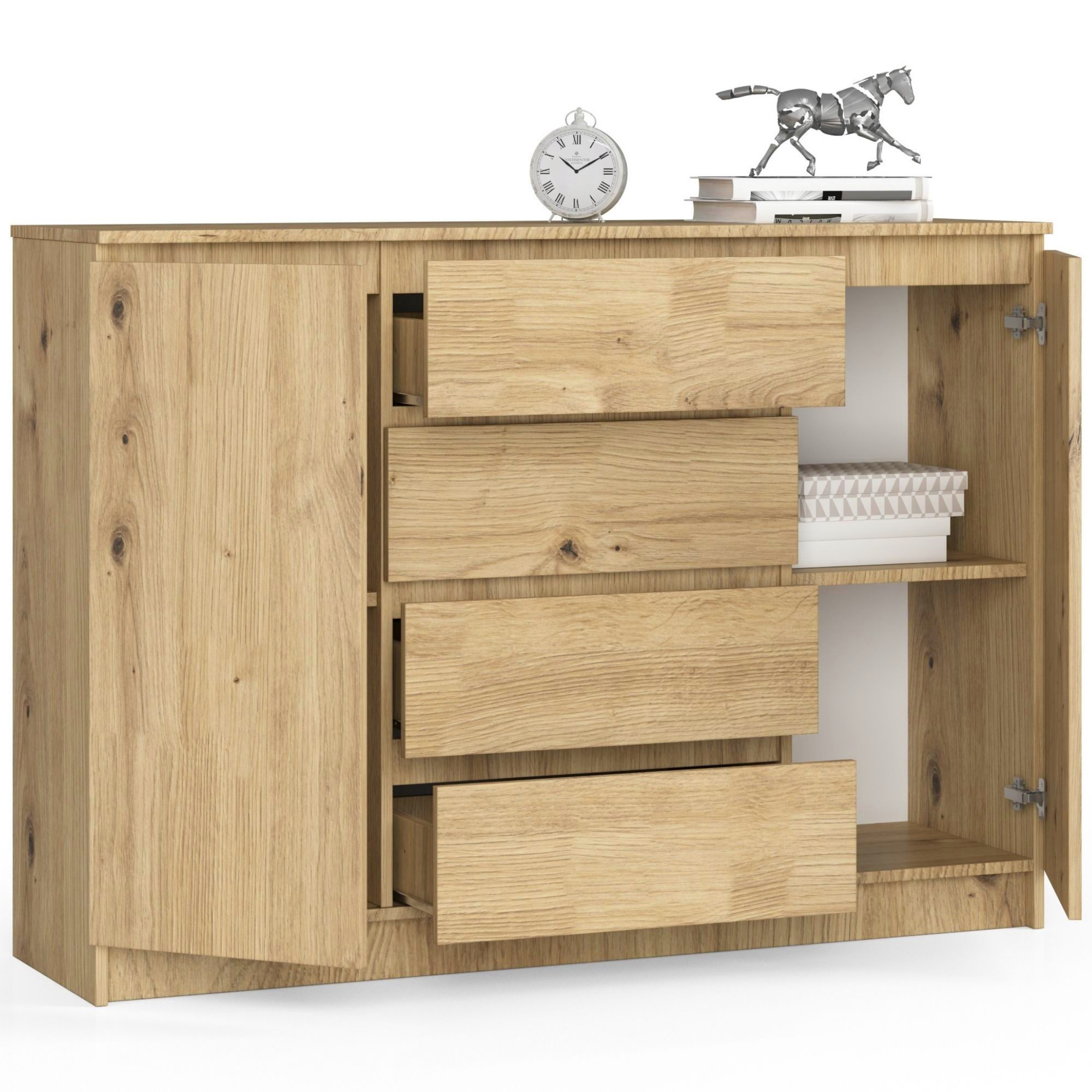 Raumhirsch Furniture Kommode mit 4 Schubladen, zwei Schranktüren, 138 cm breit Holz Schrank, (viele Farbvarianten - Maße: 138 x 99 x 40 cm) - Hochwertig & stabil