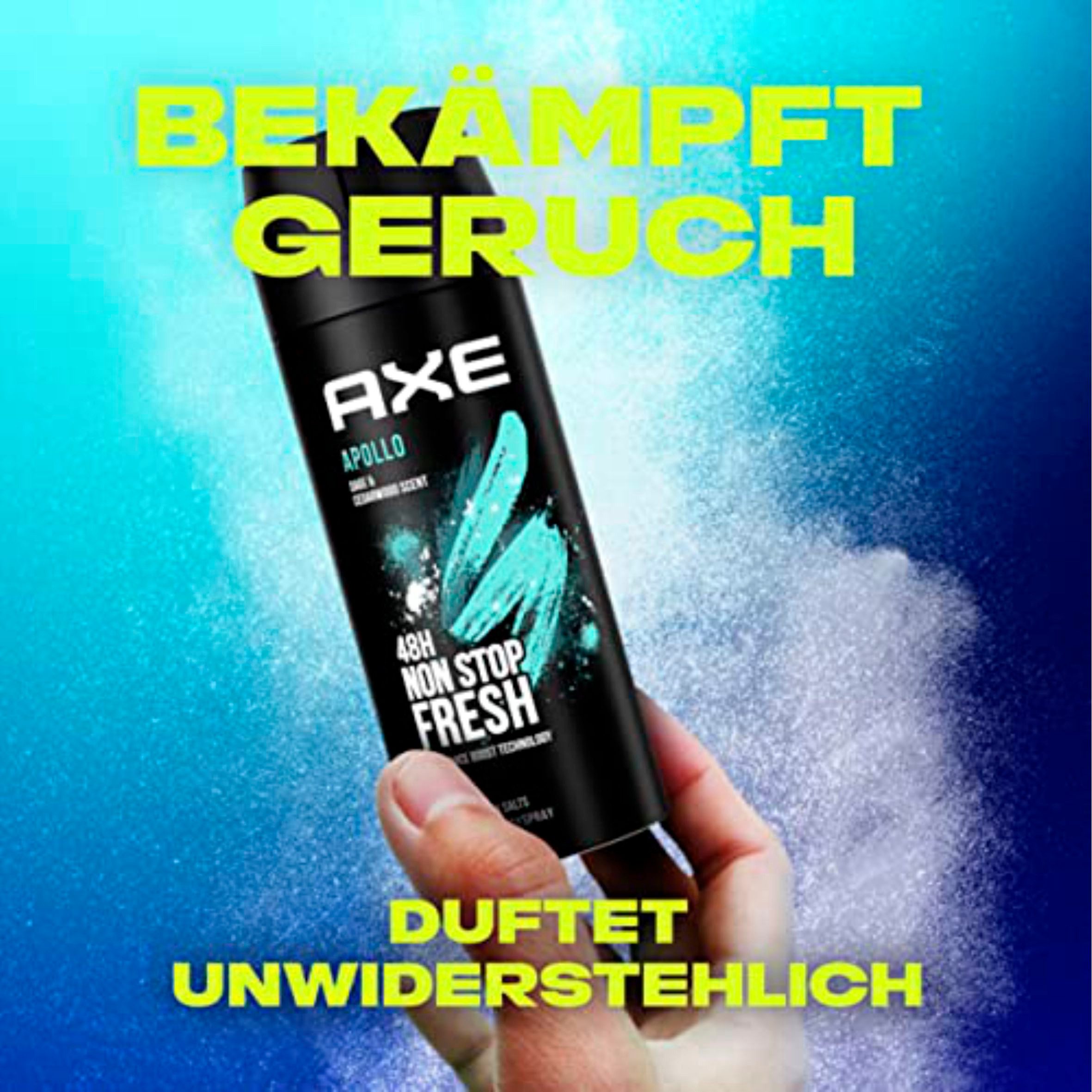 axe Deo-Spray 6x Axe Bodyspray Apollo ohne Aluminiumsalze - 150ml, 6-tlg., bekämpft geruchsbildende Bakterien und unangenehme Gerüche
