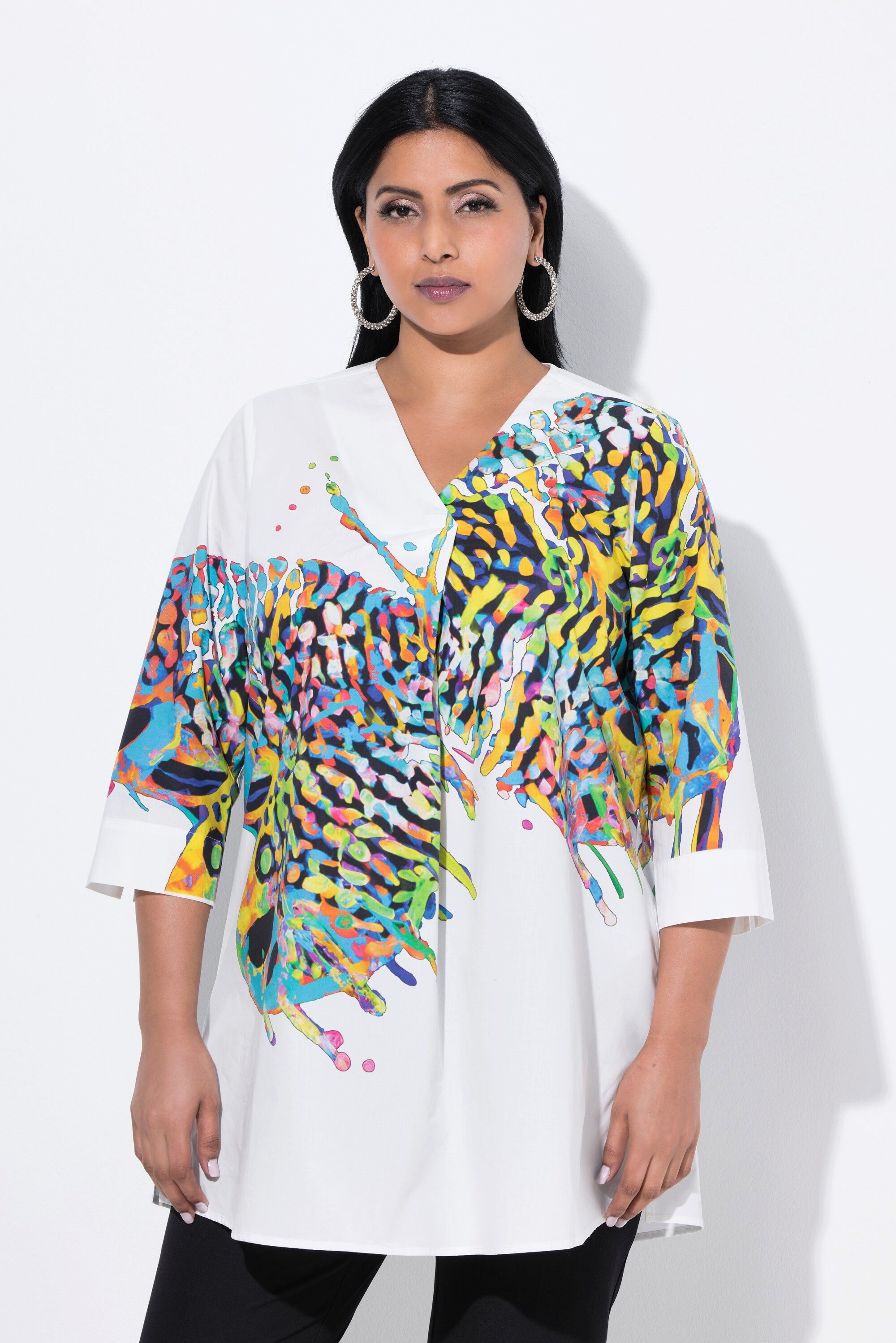 Ulla Popken Druckbluse Tunika Schmetterling V-Ausschnitt 3/4-Arm günstig online kaufen