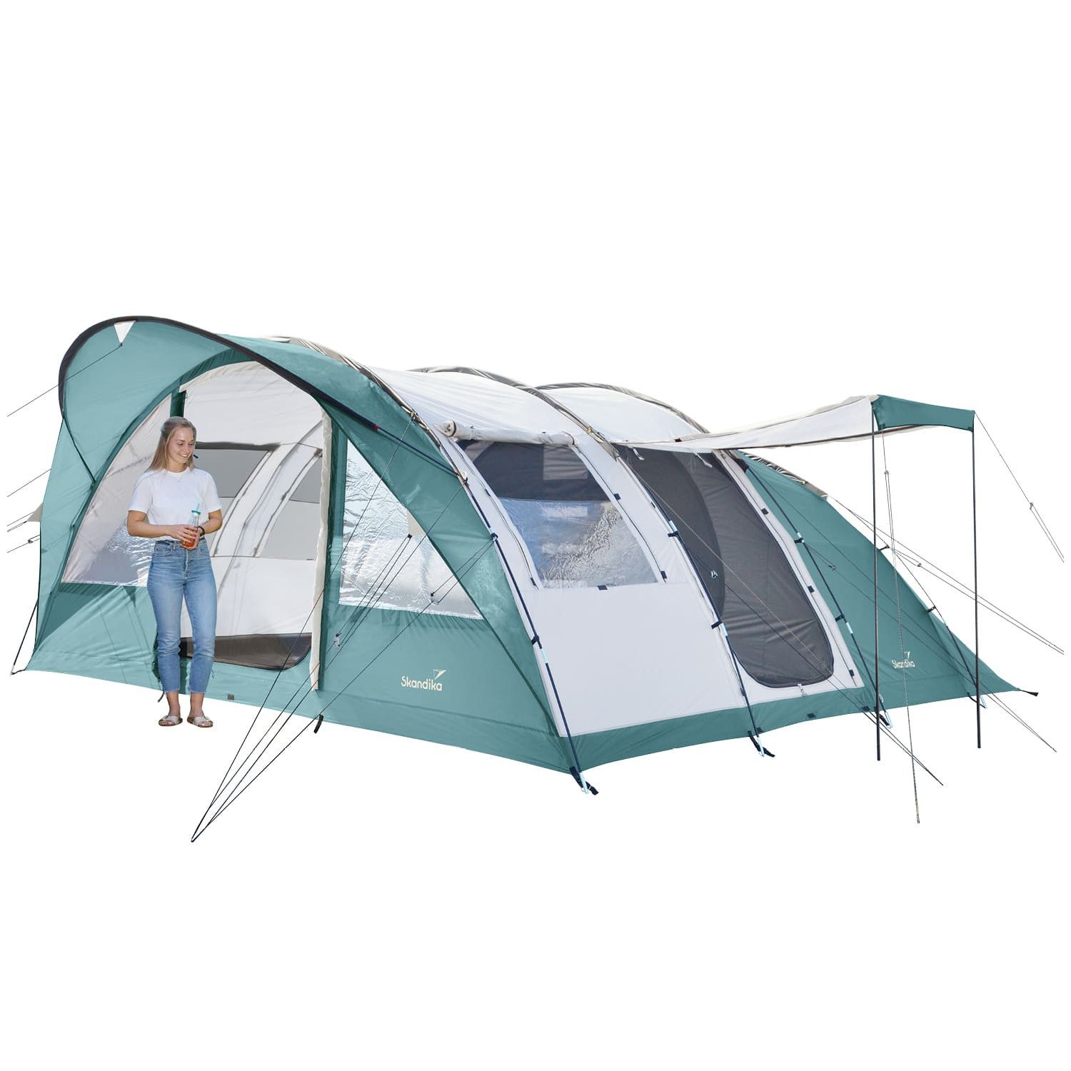Skandika Tunnelzelt Egersund 7 XL Sleeper Protect, 2 m Stehhöhe, eingenähter Zeltboden, Personen: 7 (dunkle Schlafkabine, wasserdicht, 5000 mm Wassersäule, Transporttasche), mit Sleeper Technologie, Tragetasche, Seitentür als Sonnendach nutzbar