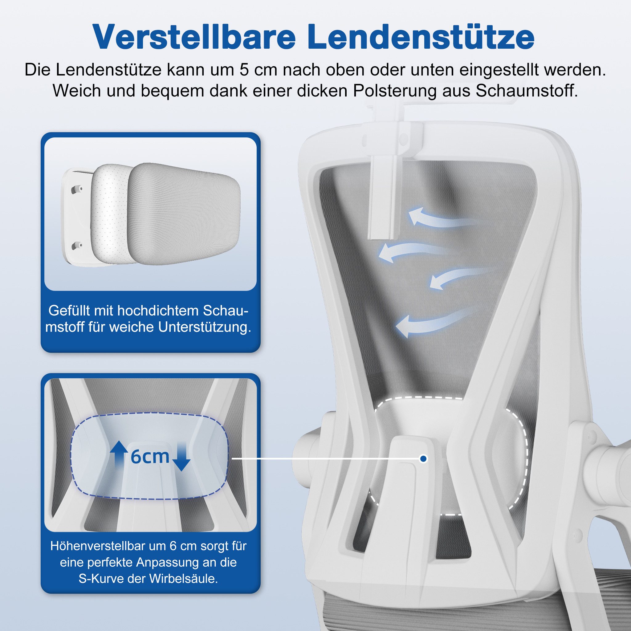 Adormii Bürostuhl Ergonomischer Bürostuhl mit klappbaren Armlehnen und Rückenlehnen (Drehstuhl mit Drehbare, höhenverstellbarer Kopfstütze, geräuscharme Rollen, – Bild 5 von 5