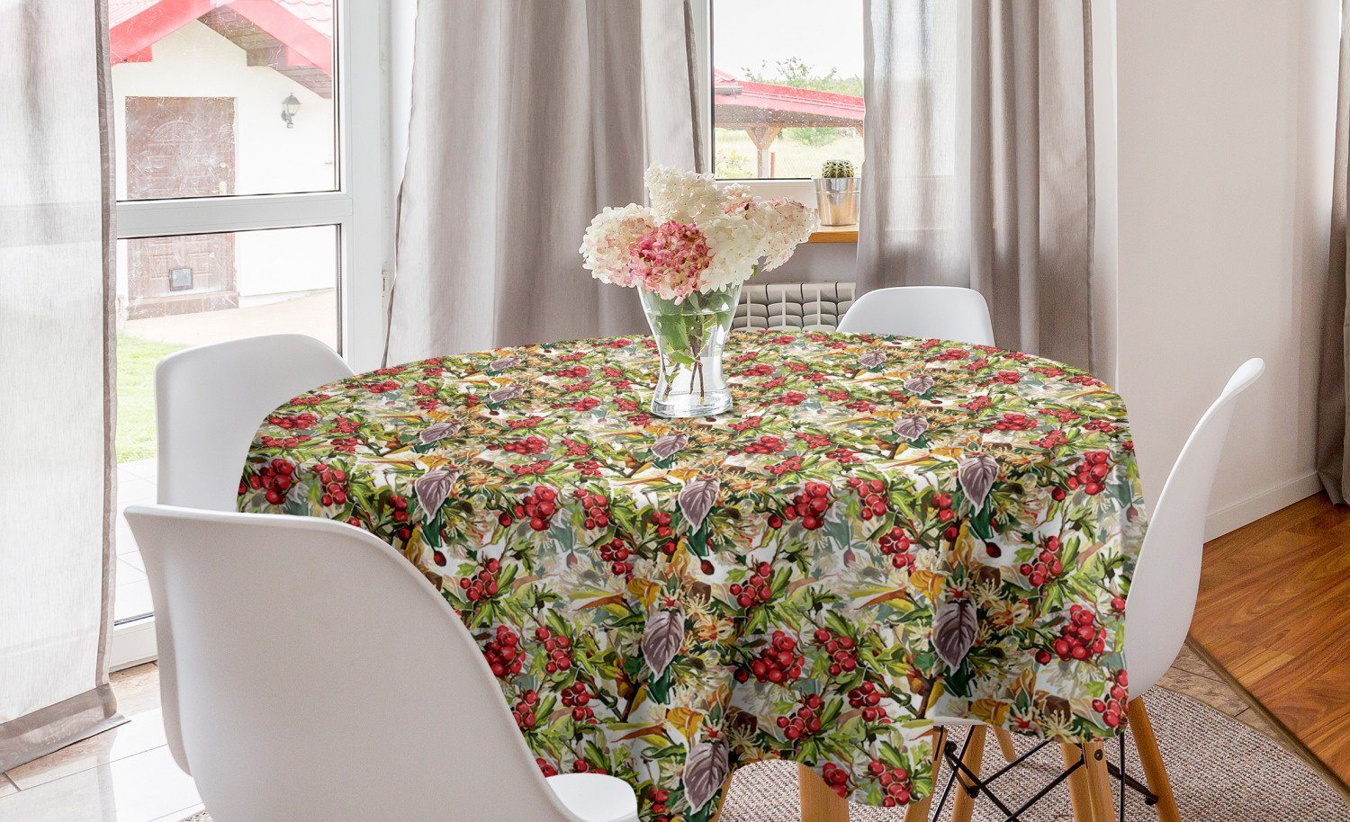 Kreis Blumen-Beeren Tischdecke Rustic Abdeckung Eberesche für Abakuhaus Küche Art Esszimmer Dekoration, Tischdecke