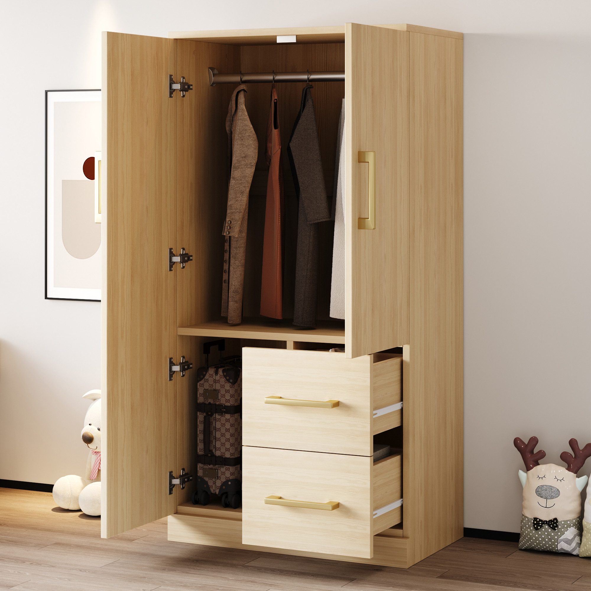 MODFU Kinderkleiderschrank mit Doppeltüren (Schrank mit Schubladen & Fächern für optimale Stauraumnutzung, 70 x 40 x 135 cm)