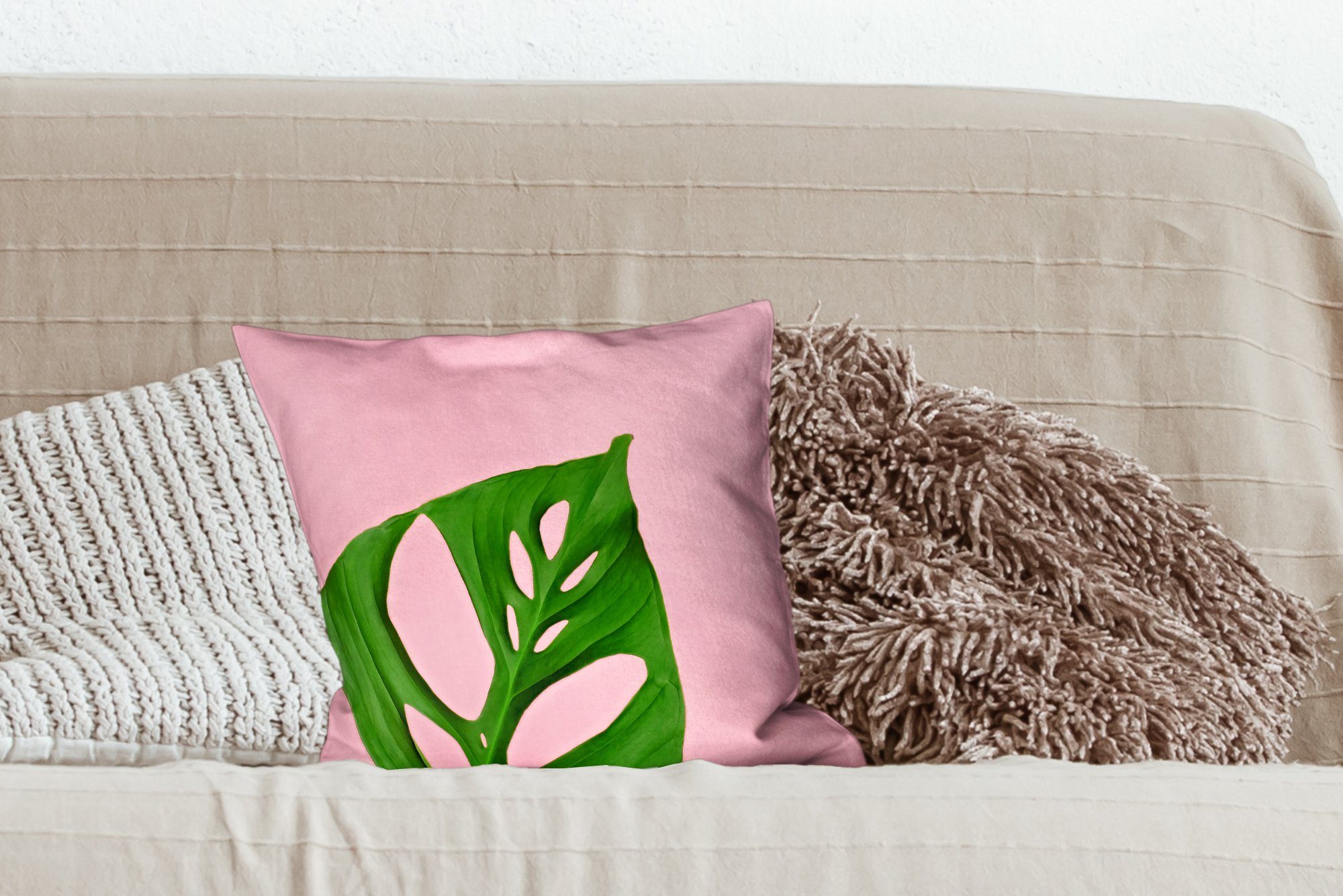 Deko, Wohzimmer, Füllung mit Hintergrund, für rosa Schlafzimmer, Botanisches Blatt Dekokissen MuchoWow Zierkissen Sofakissen auf