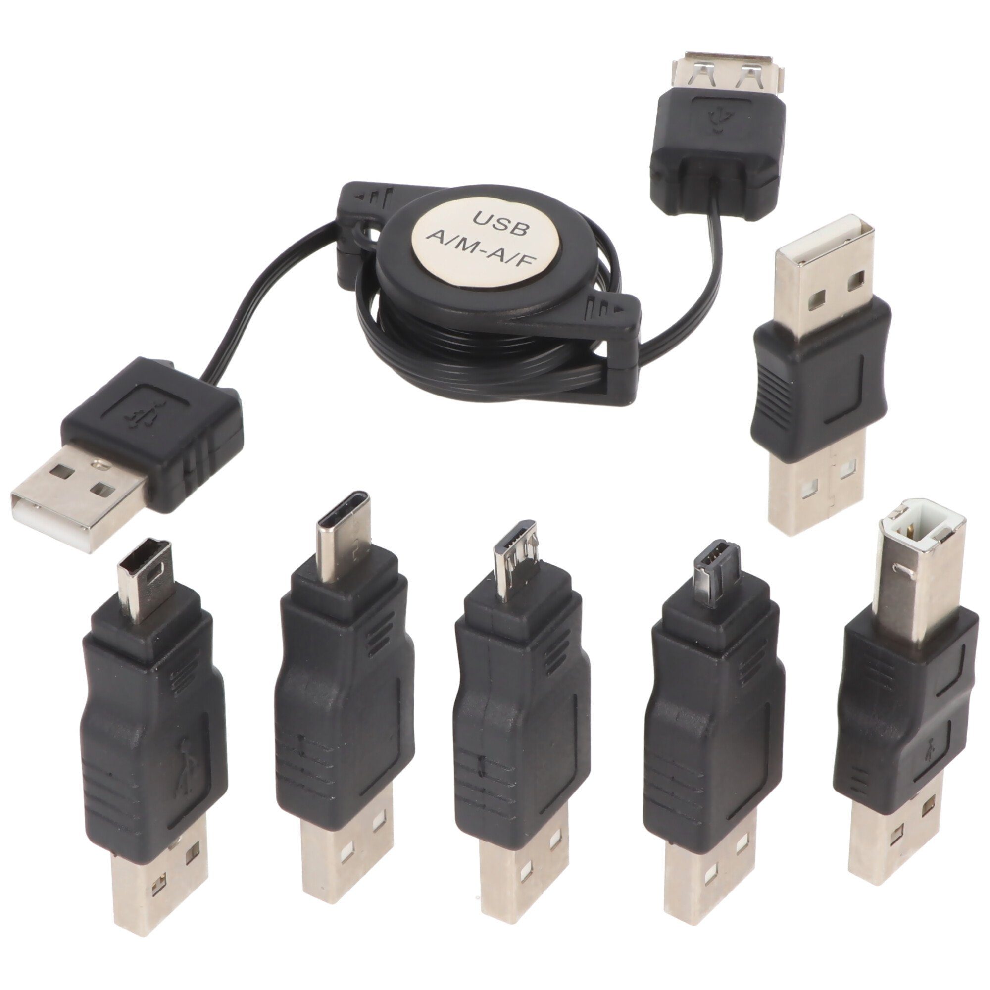 HEITECH USB-Adapter-Set 7-teilig mit praktischer Aufrollbox, USB-Verlängerung USB-Kabel