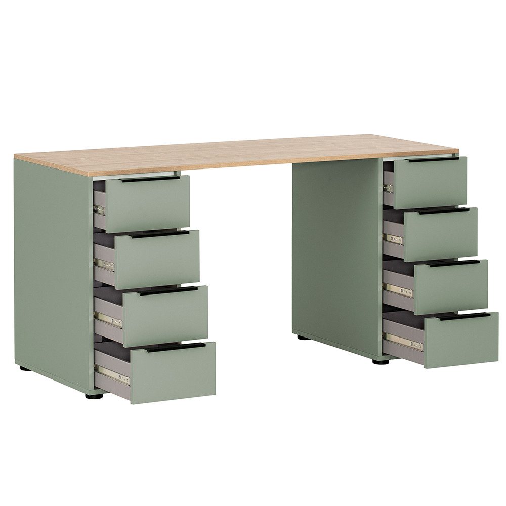 Lomadox Schreibtisch EDEN-80, Büro mit 8 Schubladen in pistazie grün mit Eiche, 140/73,1/55 cm