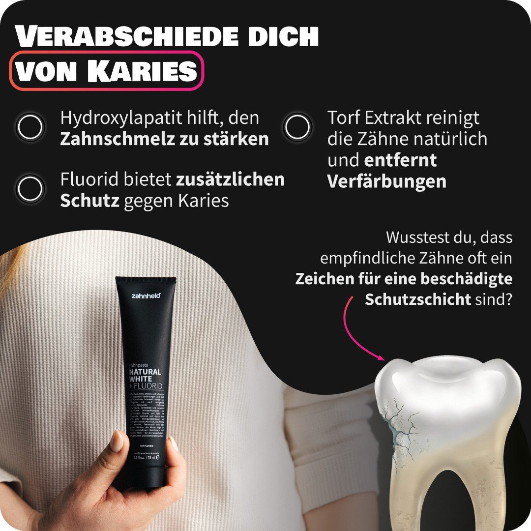 Zahnheld Zahnpasta Natural White Zahncreme mit Aktivkohle & Flourid - für hellere Zähne, Zahnpflege mit Torfextrakt, Bambus-Aktivkohle, Kieselsäure & Cellulose