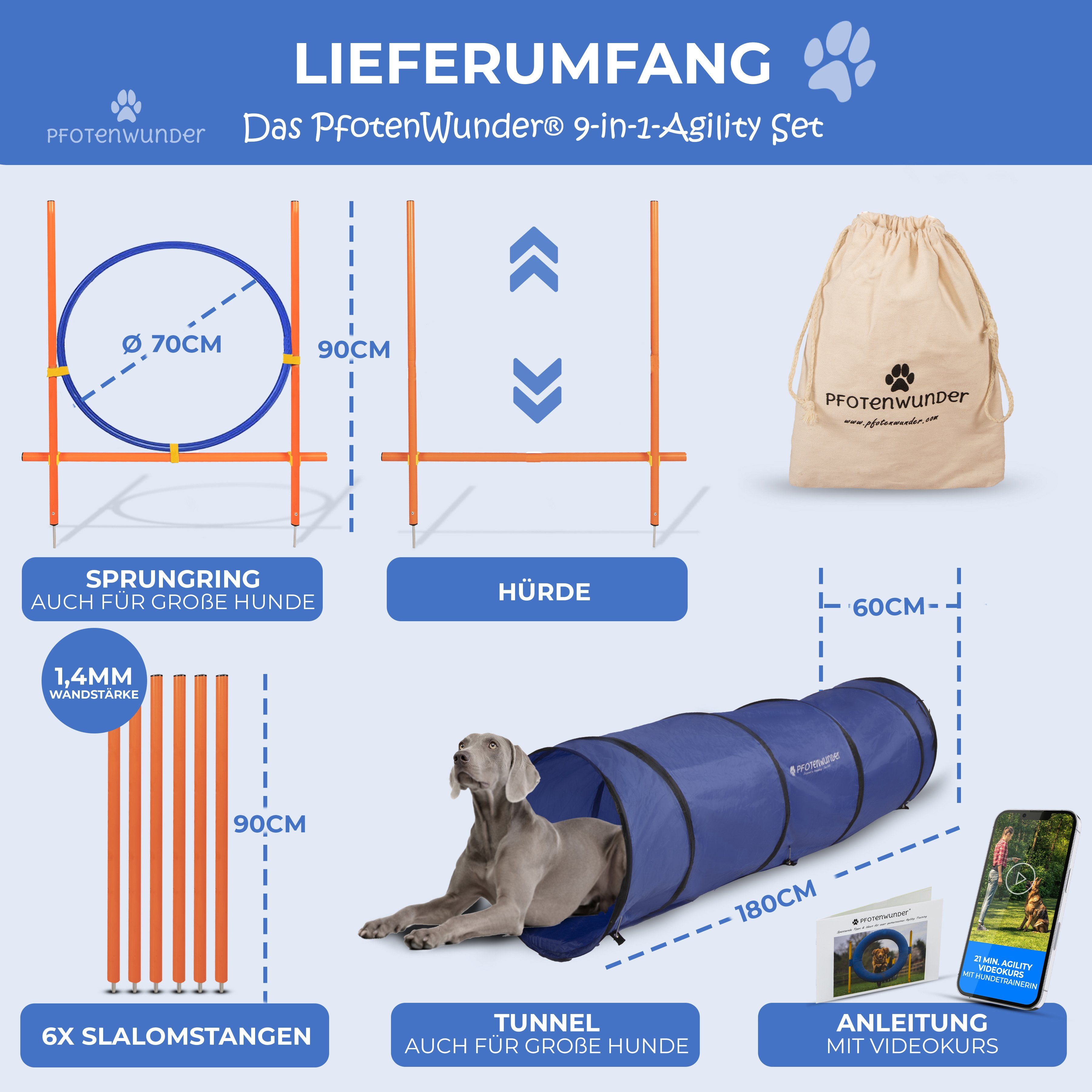 PfotenWunder Agility-Slalom 9-in-1 Agility Set Hunde groß, Training Sport Parcour Hürden