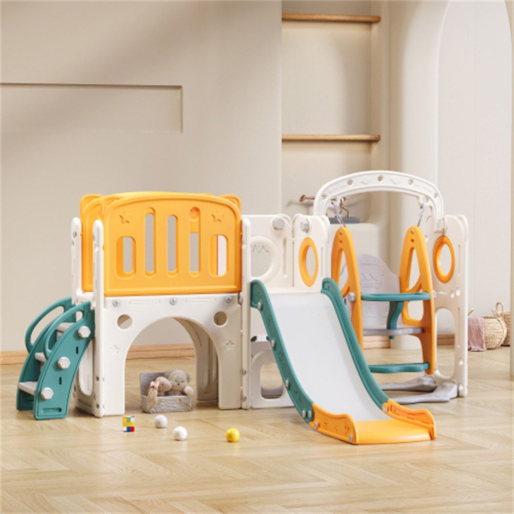 Mia&Coco Rutsche Rutsche für Kinder, 7-in-1 Kinder Spielplatz, Spielrutsche, (mit Schaukel), Spielturm mit Tunnel und Basketballkorb