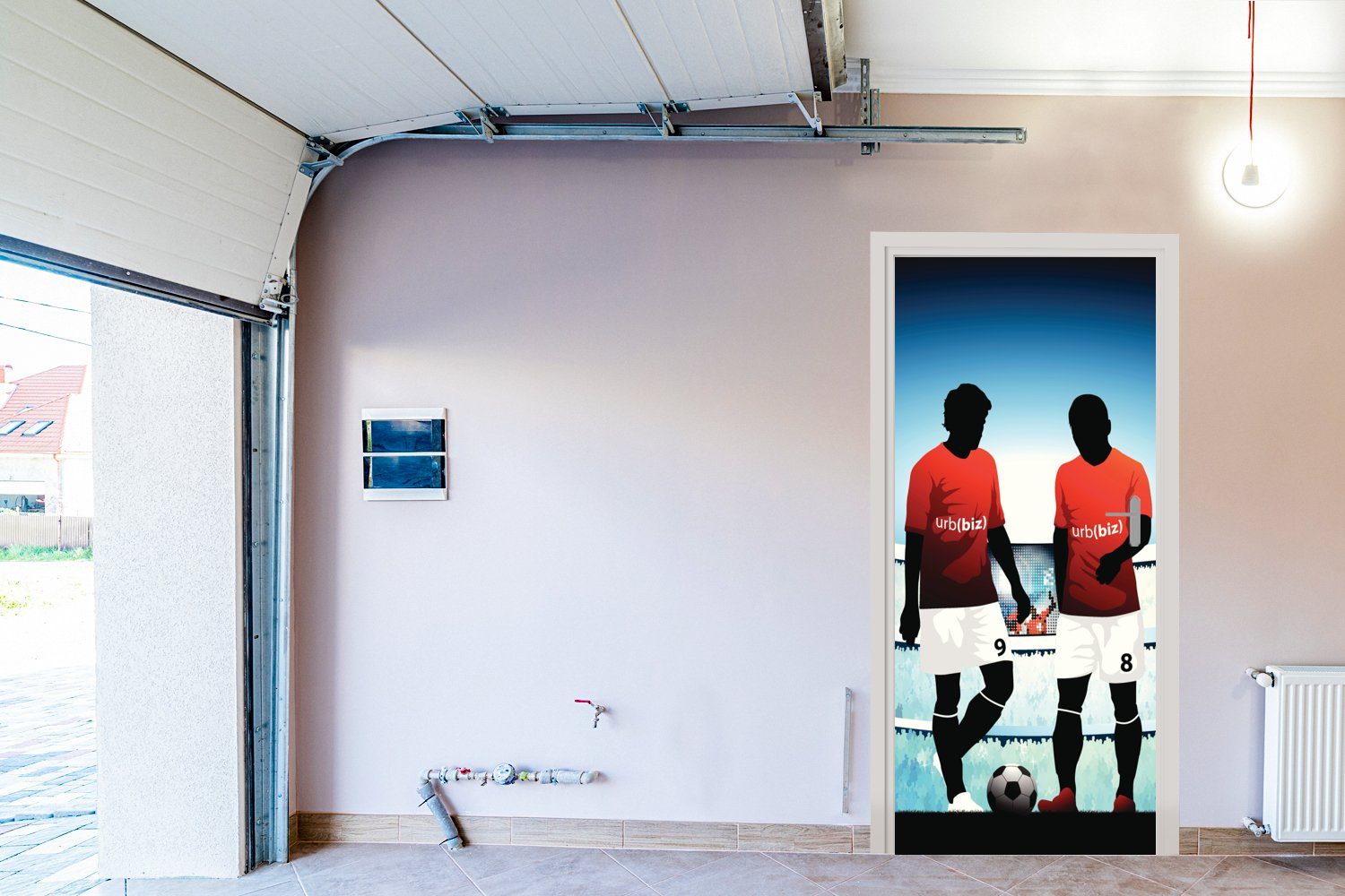 Illustration Fußballspielern Stadion zwei Fototapete Jungen Türaufkleber, in einem -, Matt, MuchoWow Eine bedruckt, (1 75x205 für Tür, Türtapete von cm - St),