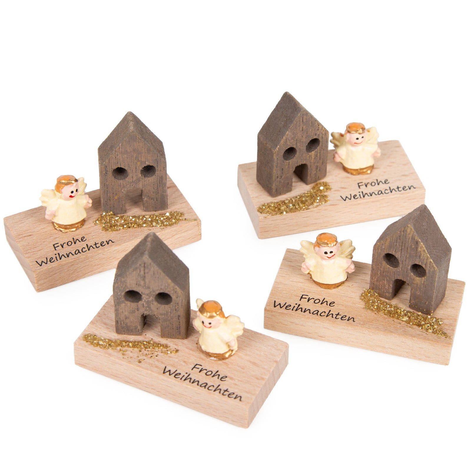 Logbuch-Verlag Dekofigur 4 Frohe Weihnachten Geschenke aus Holz mit Engel 5 cm Gastgeschenk