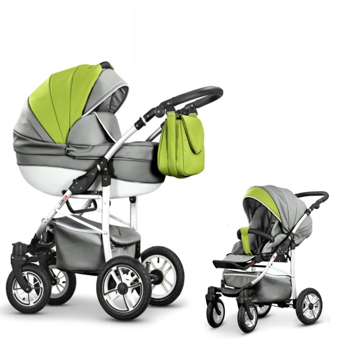 babies-on-wheels Kombi-Kinderwagen in 1 Cosmo ECO - - 2 Hellgrau-Grün 13 Kinderwagen-Set in Kunstleder Farben 16 Teile