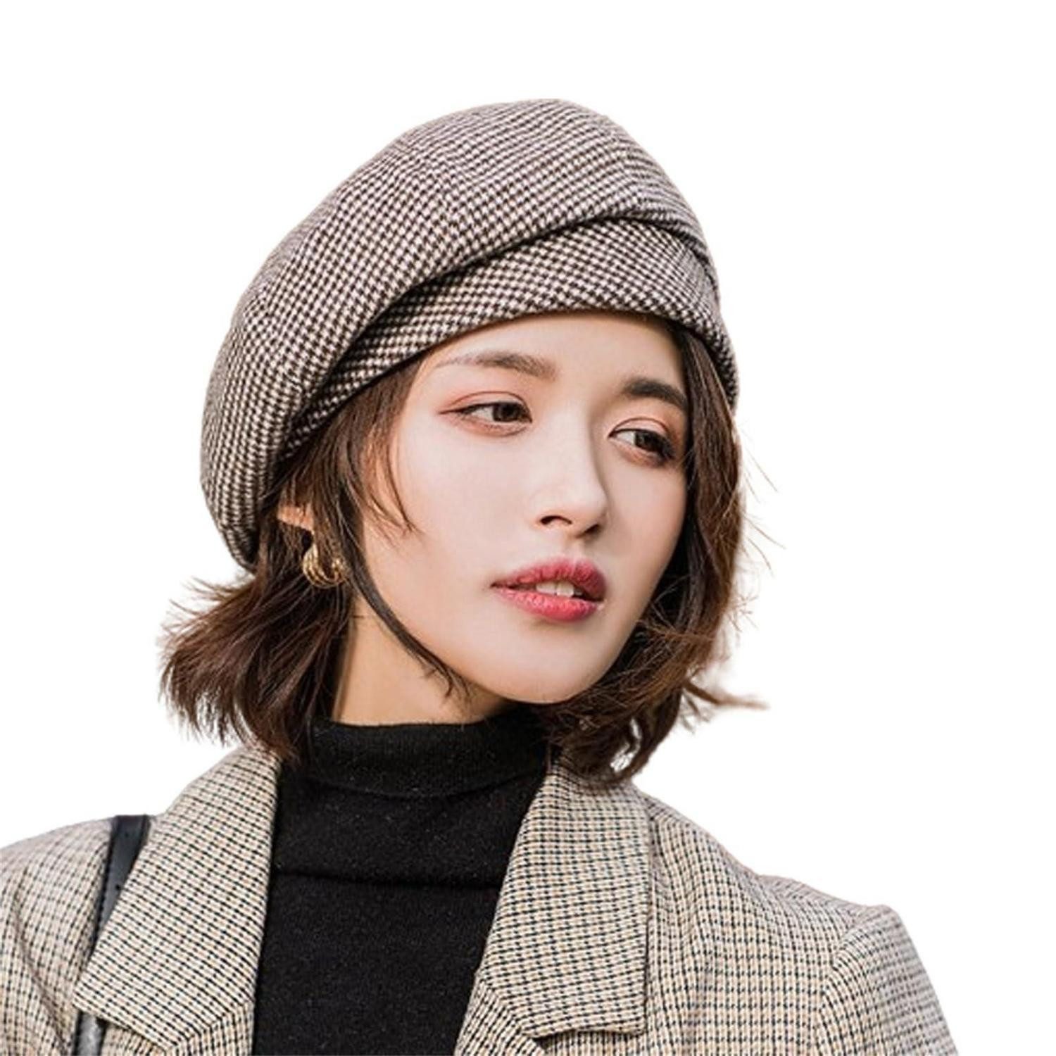 LuxusKollektion Baskenmütze Baskenmütze Damen Winter Wollmischung Vintage Barett Plaid 56-58 Braun