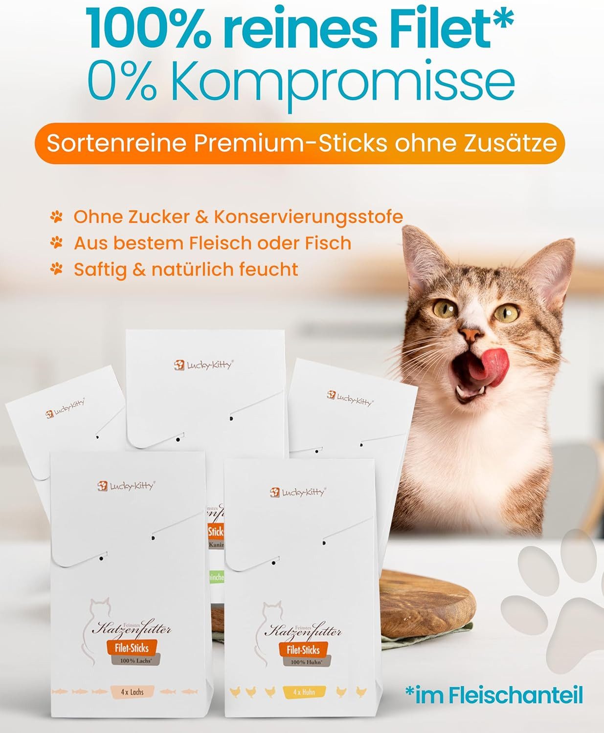 Lucky-Kitty Katzensnack, 98,5 % Fleischanteil, saftige Katzen Leckerli, 20 Stck. Forelle, Snack für: Katzen, I Filet-Sticks ohne Konservierungsstoffe, sortenrein