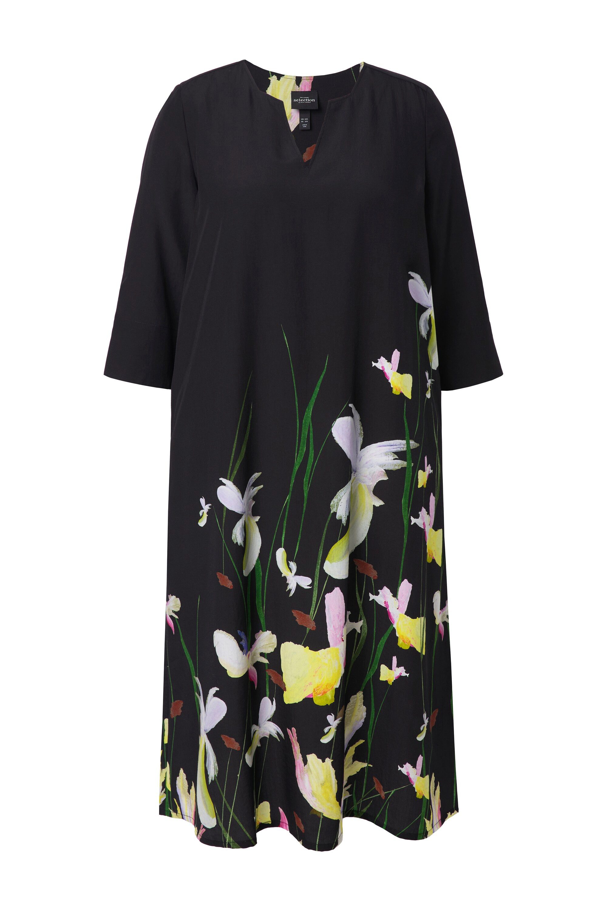 Ulla Popken Midikleid Lyocell-Maxikleid Blüten Tunika-Ausschnitt 3/4-Arm günstig online kaufen